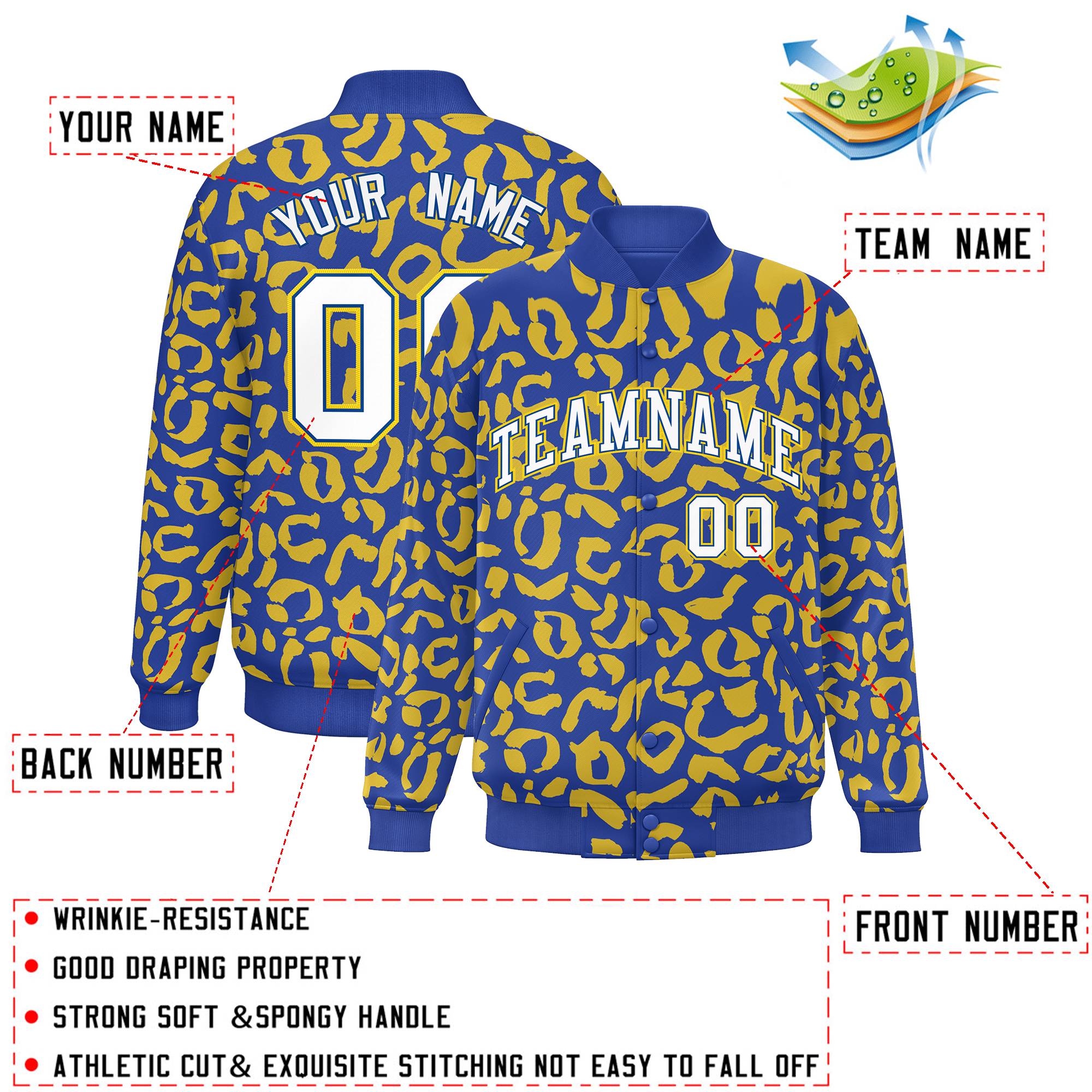 Custom Royal Gold Varsity Full-Snap Leopard Print Graffiti Pattern Letterman Baseball Jacket