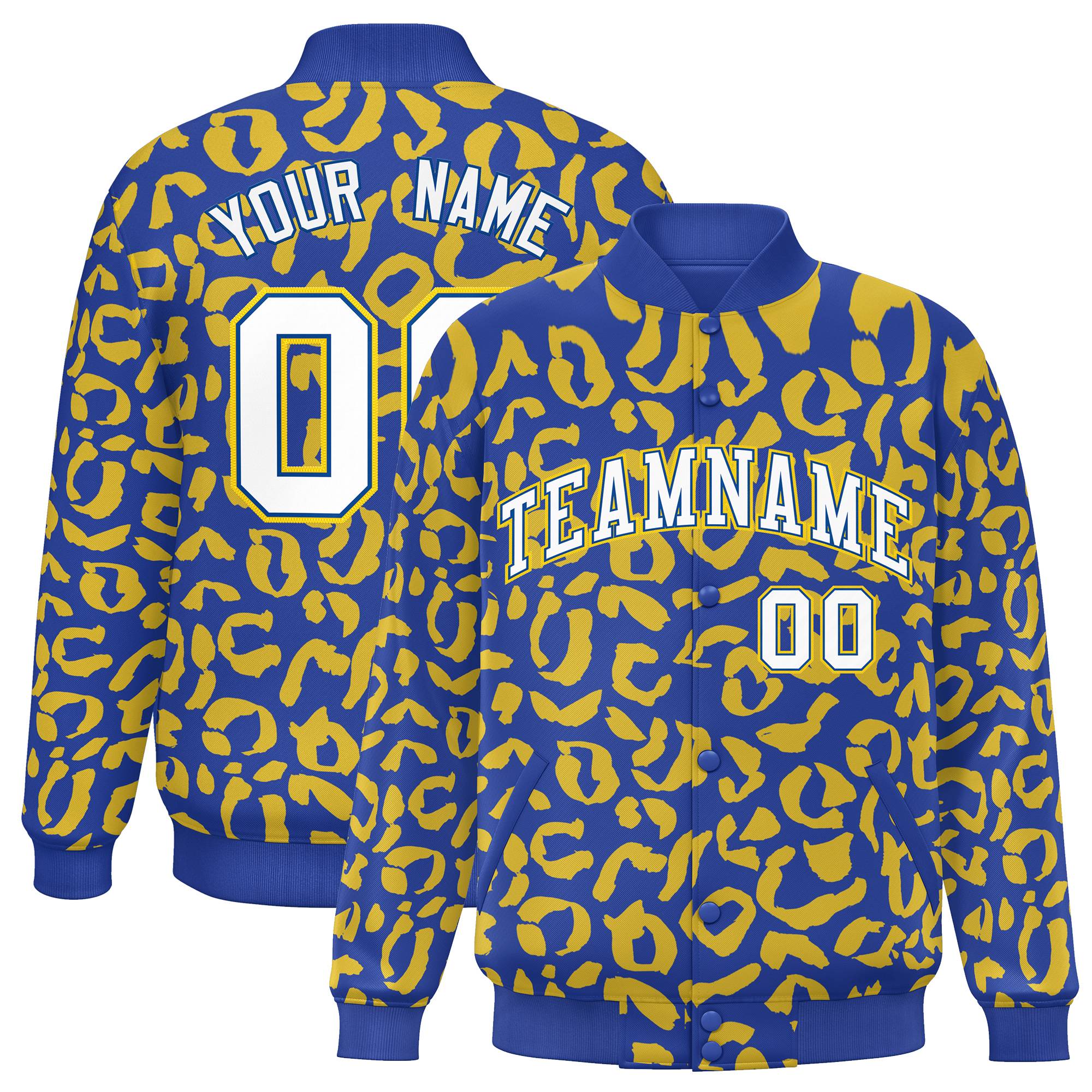 Custom Royal Gold Varsity Full-Snap Leopard Print Graffiti Pattern Letterman Baseball Jacket