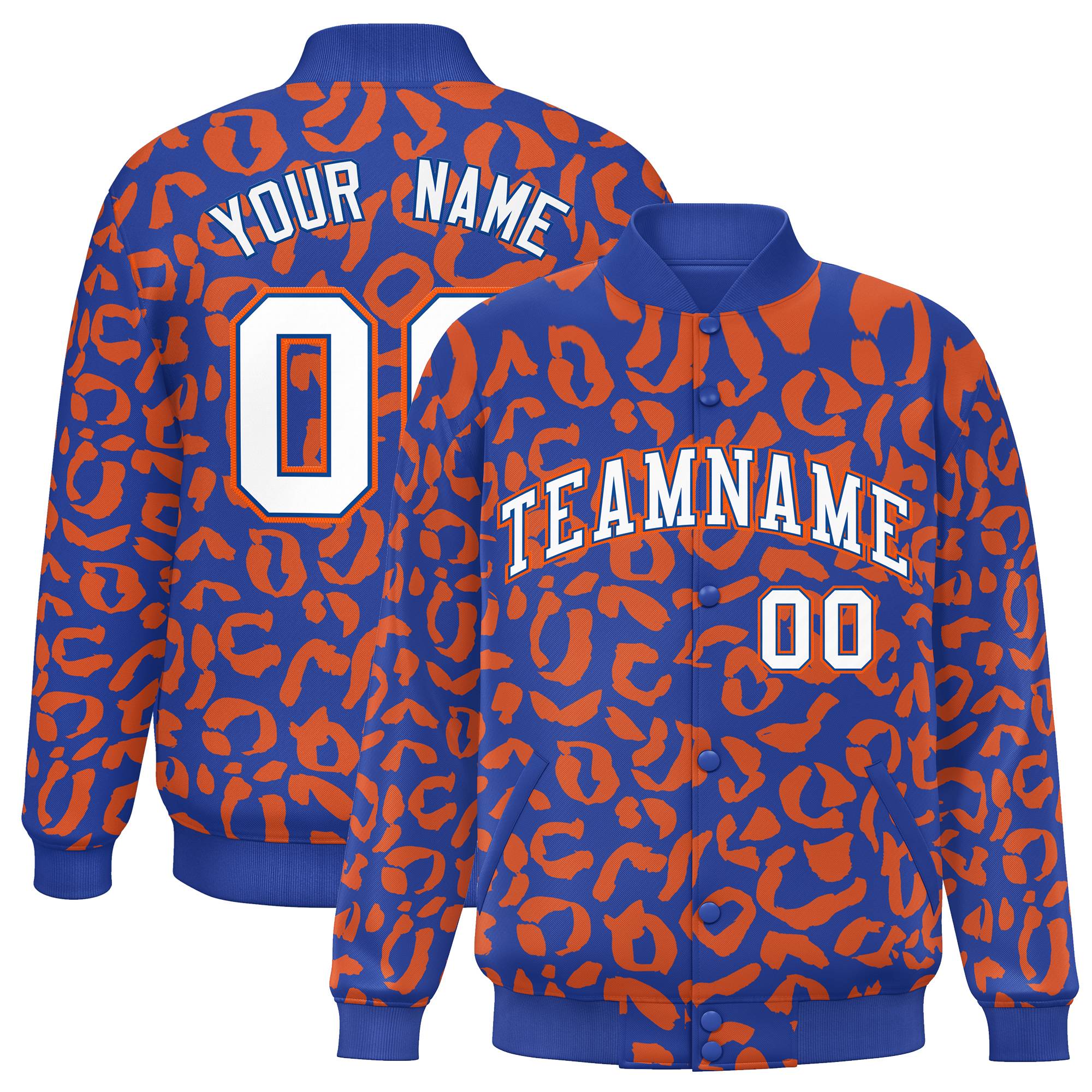 Custom Royal Orange Varsity Full-Snap Leopard Print Graffiti Pattern Letterman Baseball Jacket