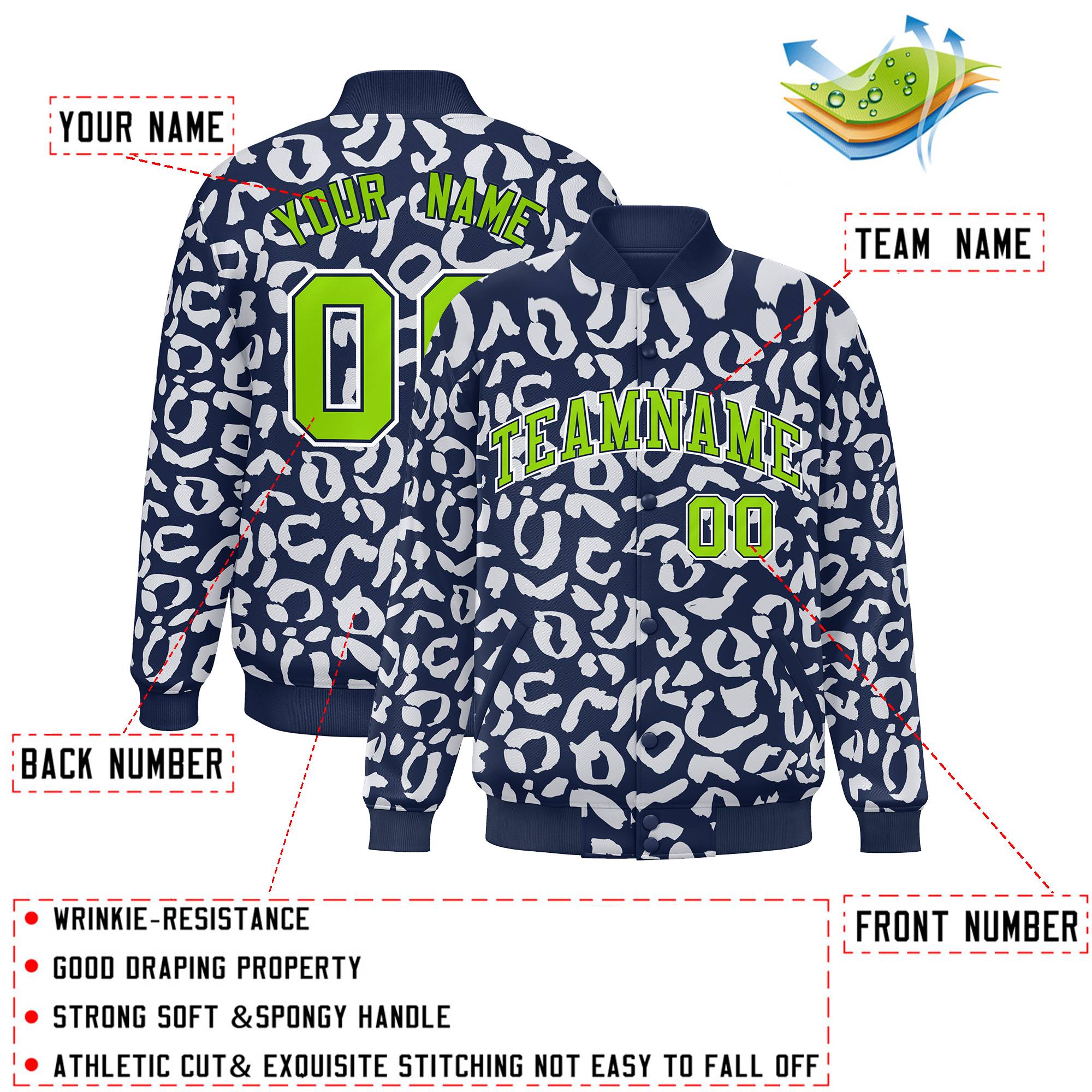 Custom Navy White Varsity Full-Snap Leopard Print Graffiti Pattern Letterman Baseball Jacket