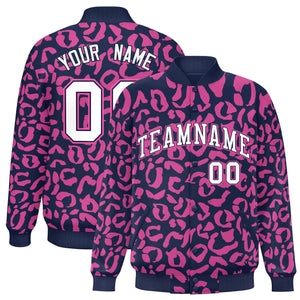 Custom Navy Pink Varsity Full-Snap Leopard Print Graffiti Pattern Letterman Baseball Jacket