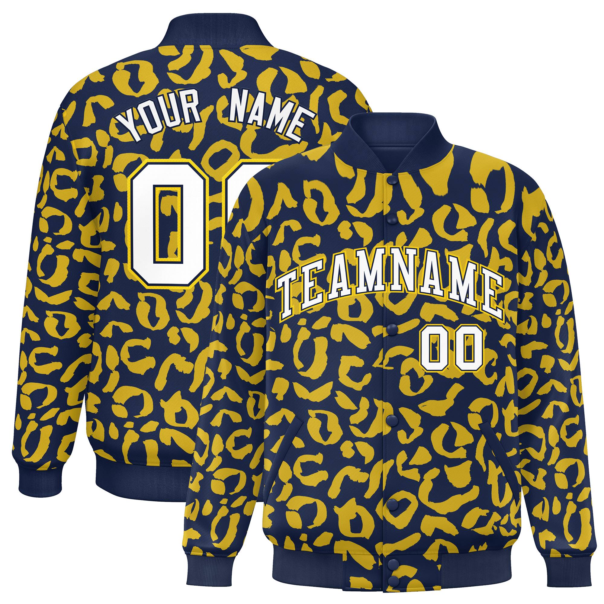 Custom Navy Gold Varsity Full-Snap Leopard Print Graffiti Pattern Letterman Baseball Jacket