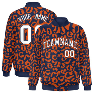 Custom Navy Orange Varsity Full-Snap Leopard Print Graffiti Pattern Letterman Baseball Jacket