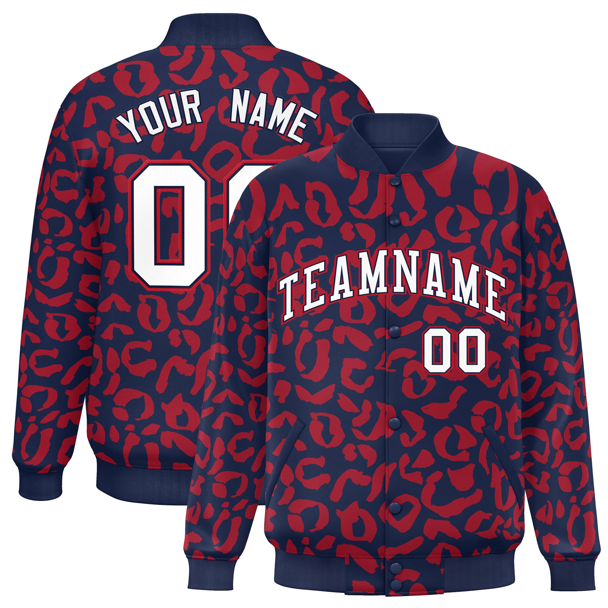 Custom Navy Red Varsity Full-Snap Leopard Print Graffiti Pattern Letterman Baseball Jacket