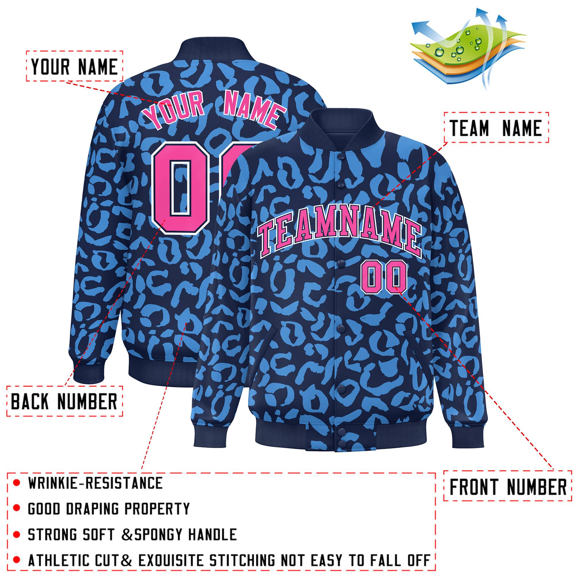 Custom Navy Powder Blue Varsity Full-Snap Leopard Print Graffiti Pattern Letterman Baseball Jacket