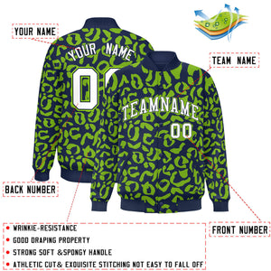 Custom Navy Neon Green Varsity Full-Snap Leopard Print Graffiti Pattern Letterman Baseball Jacket