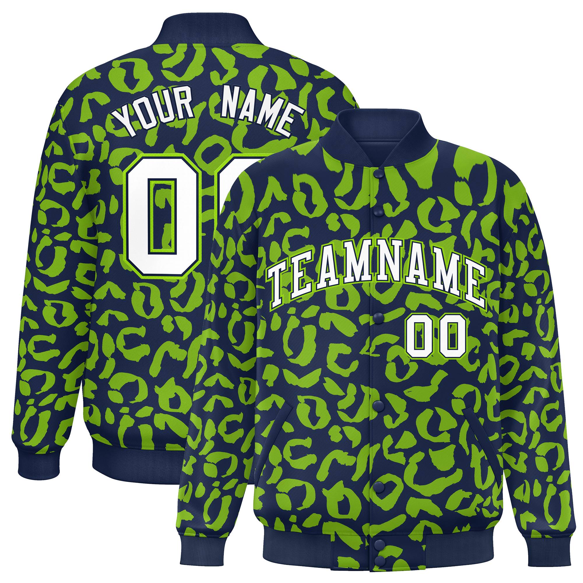 Custom Navy Neon Green Varsity Full-Snap Leopard Print Graffiti Pattern Letterman Baseball Jacket