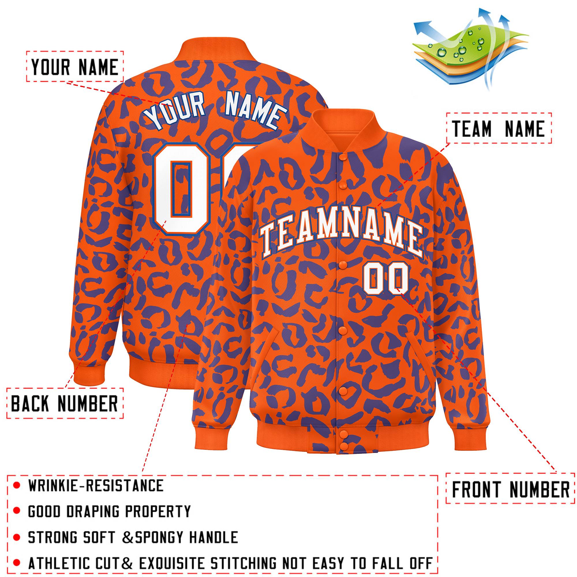 Custom Orange Royal Varsity Full-Snap Leopard Print Graffiti Pattern Letterman Baseball Jacket