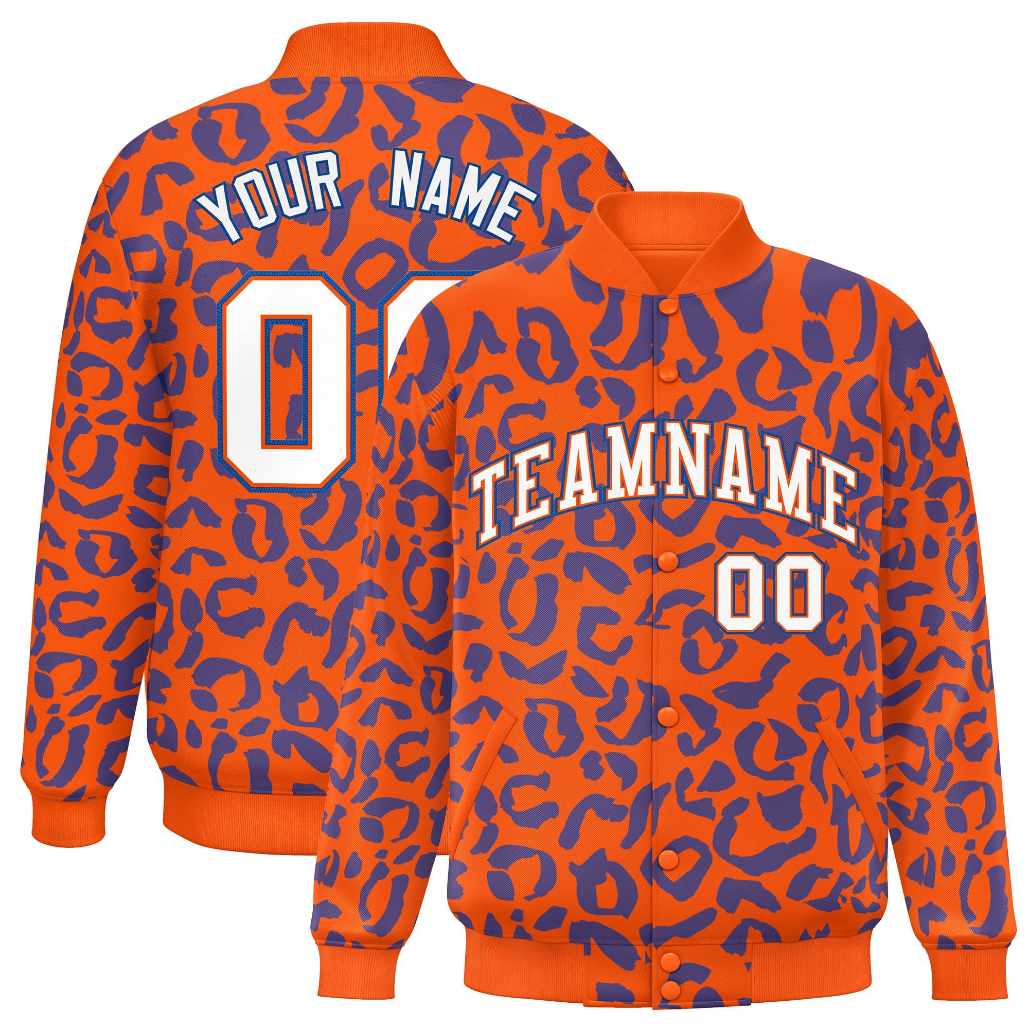 Custom Orange Royal Varsity Full-Snap Leopard Print Graffiti Pattern Letterman Baseball Jacket