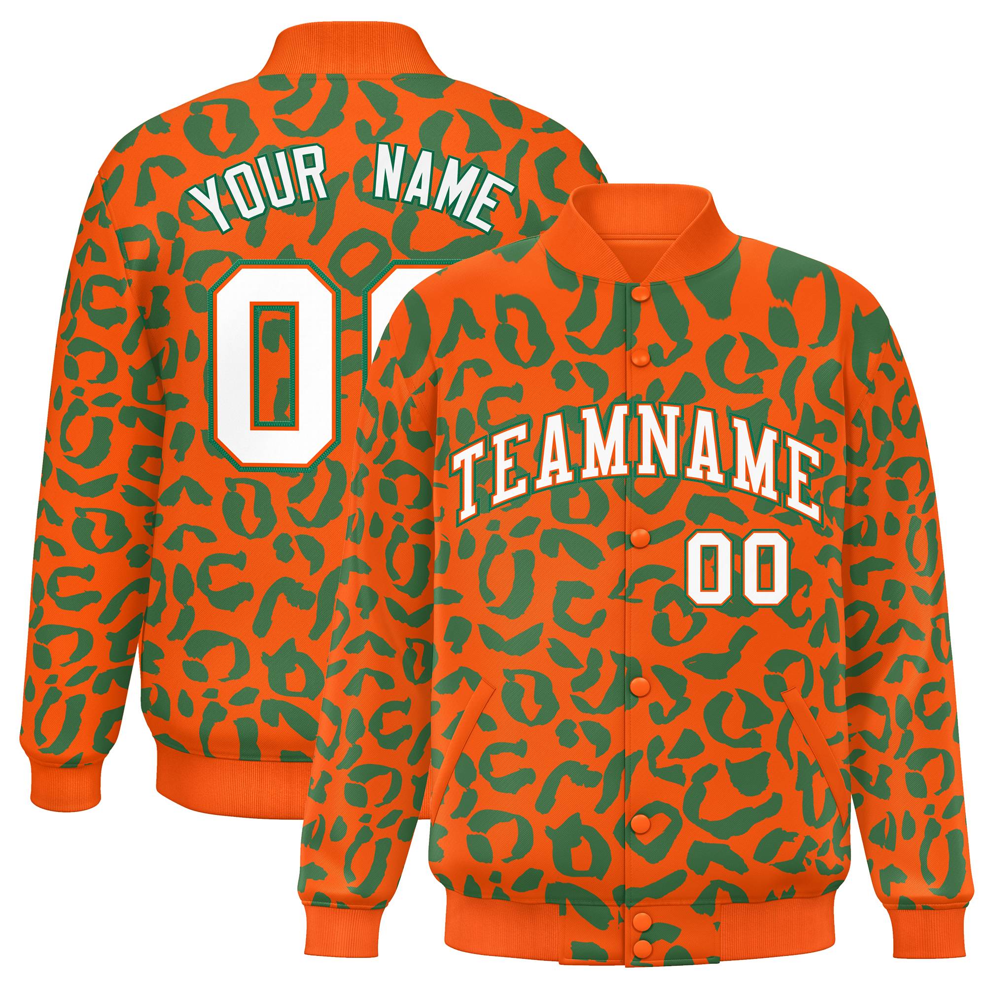 Custom Orange Kelly Green Varsity Full-Snap Leopard Print Graffiti Pattern Letterman Baseball Jacket