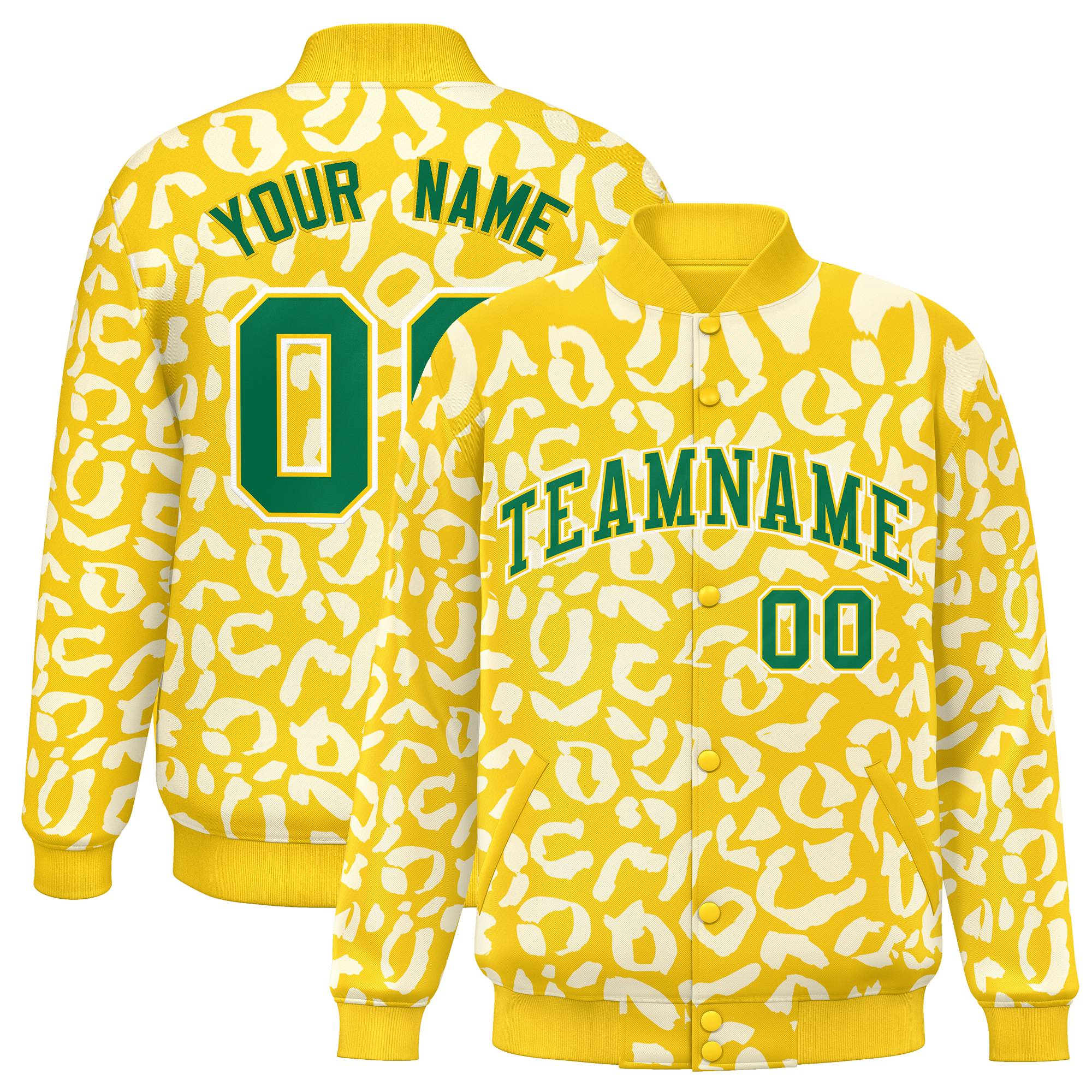 Custom Gold White Varsity Full-Snap Leopard Print Graffiti Pattern Letterman Baseball Jacket