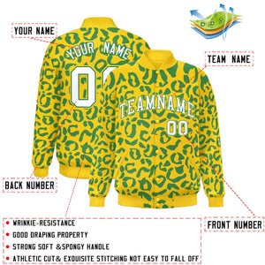 Custom Gold Kelly Green Varsity Full-Snap Leopard Print Graffiti Pattern Letterman Baseball Jacket