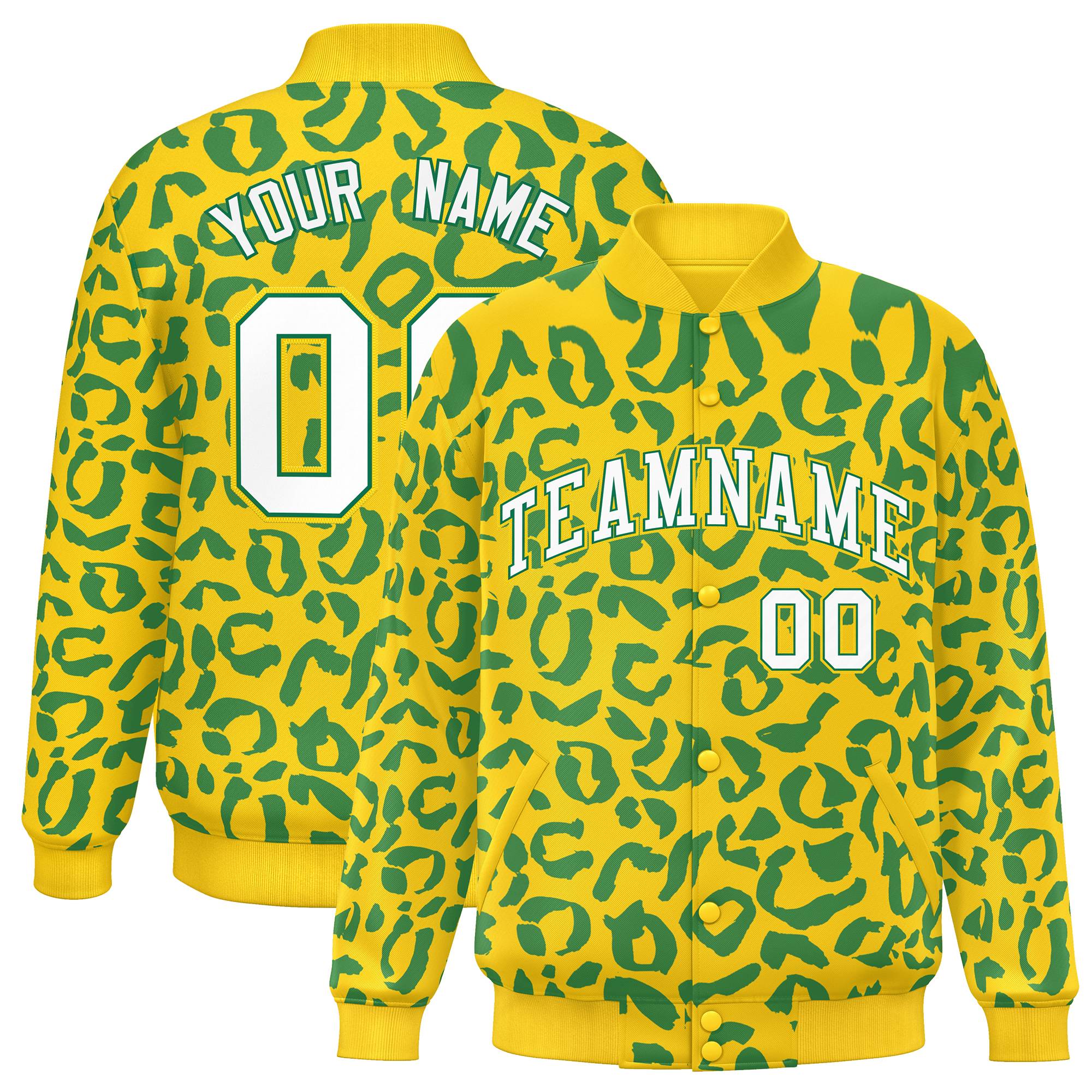 Custom Gold Kelly Green Varsity Full-Snap Leopard Print Graffiti Pattern Letterman Baseball Jacket