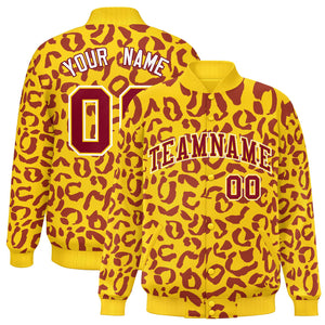 Custom Gold Crimson Varsity Full-Snap Leopard Print Graffiti Pattern Letterman Baseball Jacket