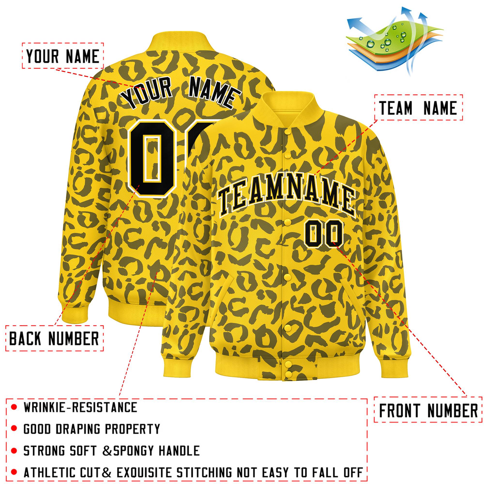 Custom Gold Black Varsity Full-Snap Leopard Print Graffiti Pattern Letterman Baseball Jacket