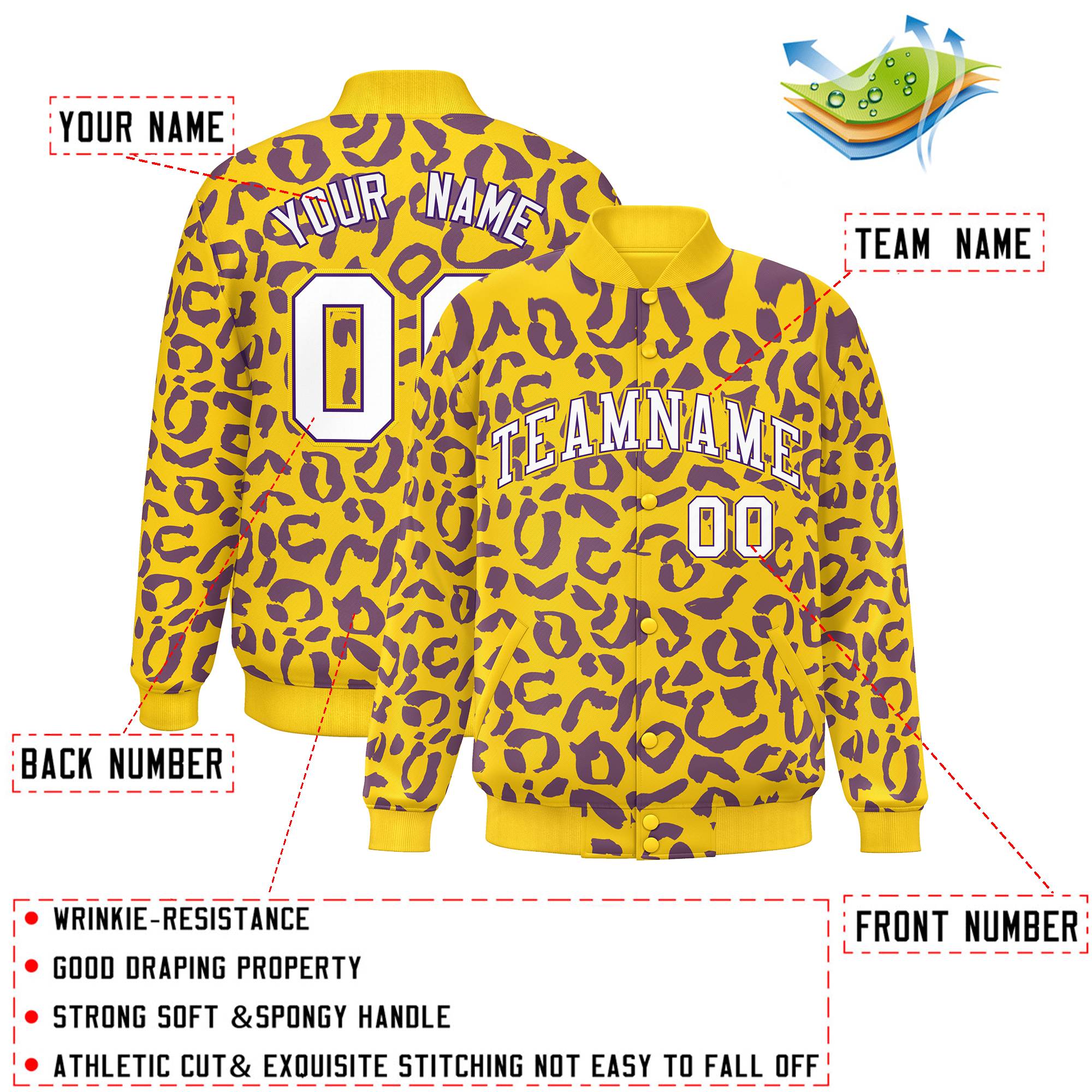 Custom Gold Purple Varsity Full-Snap Leopard Print Graffiti Pattern Letterman Baseball Jacket