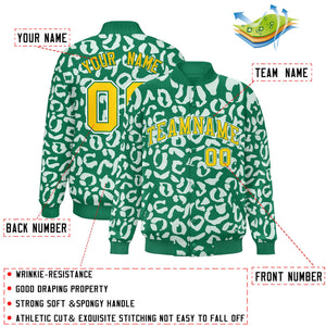 Custom Kelly Green White Varsity Full-Snap Leopard Print Graffiti Pattern Letterman Baseball Jacket