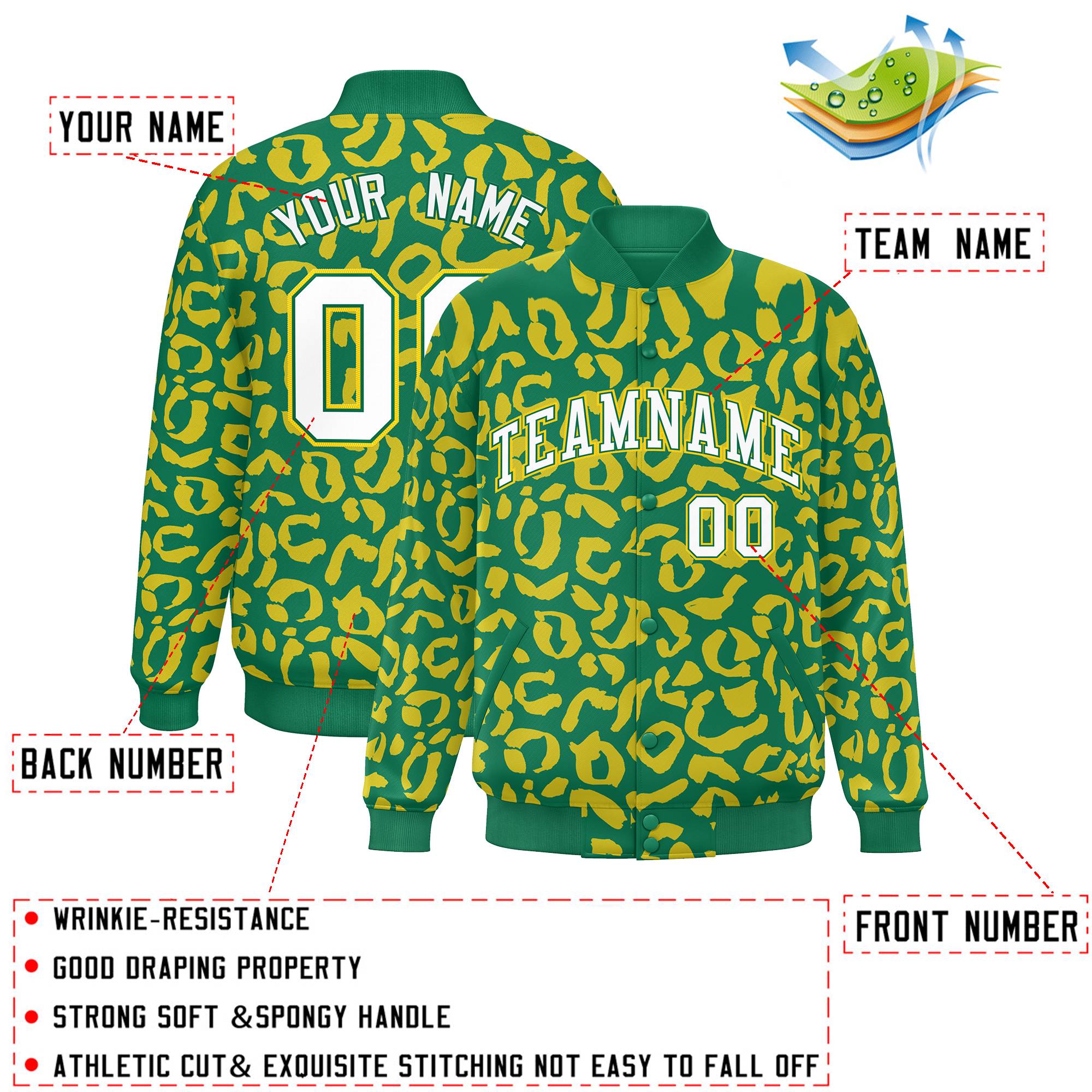 Custom Kelly Green Gold Varsity Full-Snap Leopard Print Graffiti Pattern Letterman Baseball Jacket