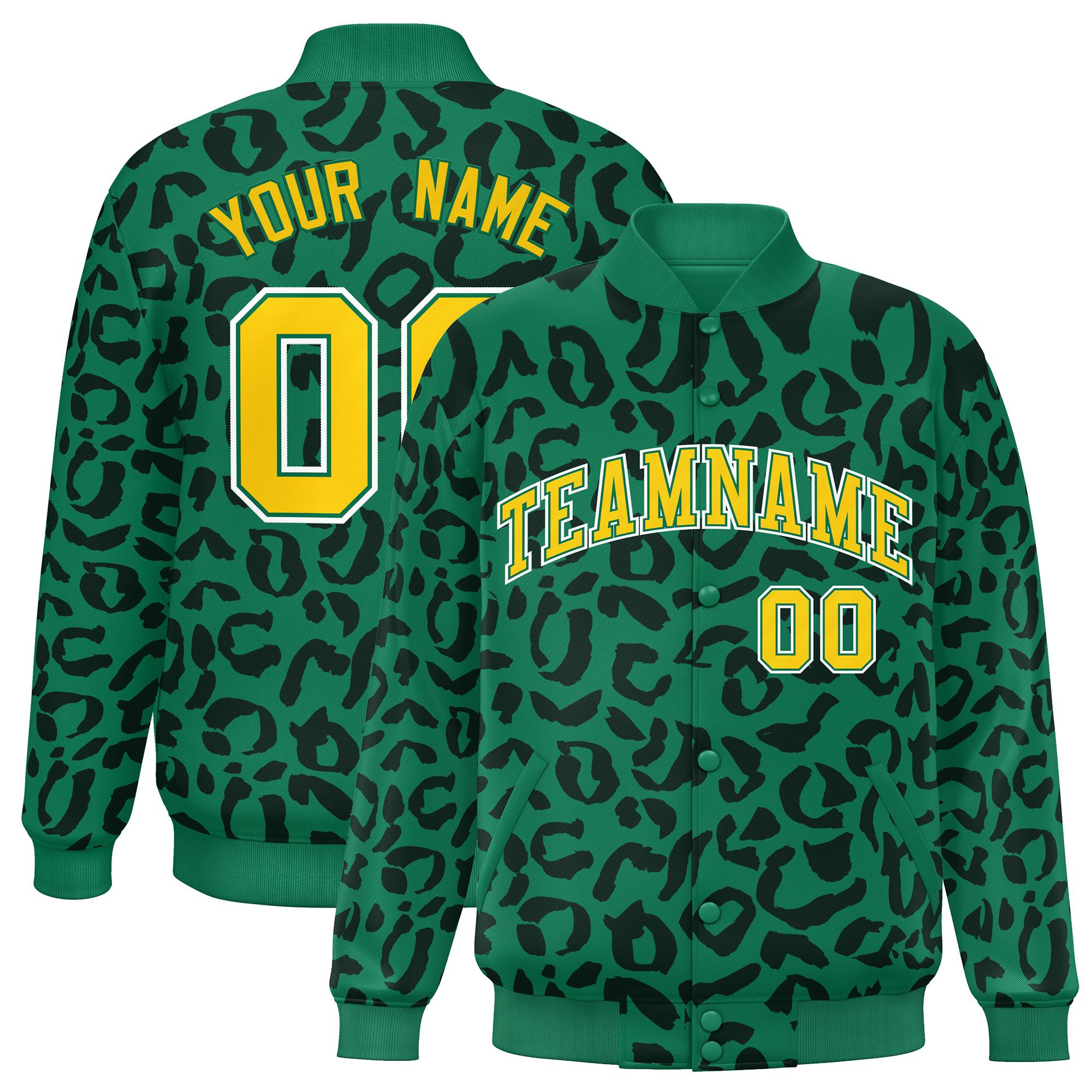 Custom Kelly Green Black Varsity Full-Snap Leopard Print Graffiti Pattern Letterman Baseball Jacket