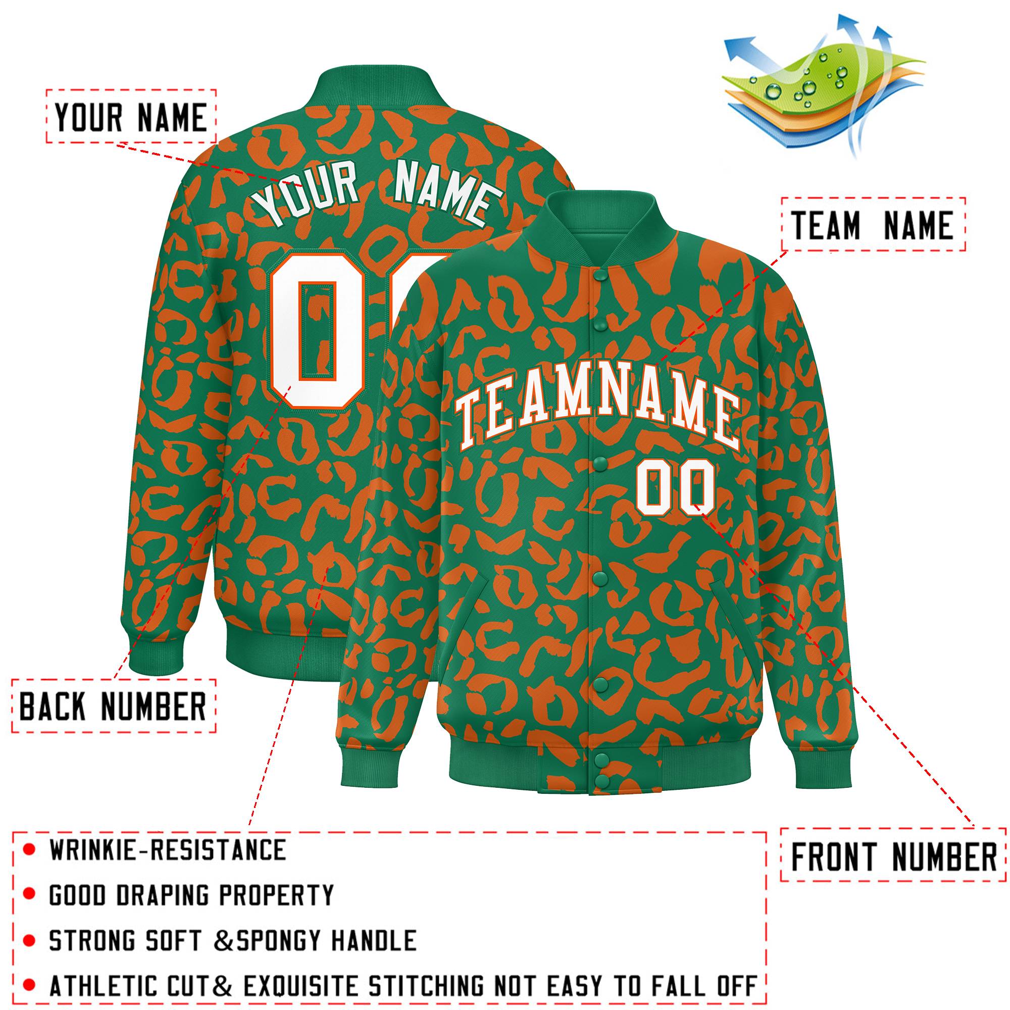 Custom Kelly Green Orange Varsity Full-Snap Leopard Print Graffiti Pattern Letterman Baseball Jacket