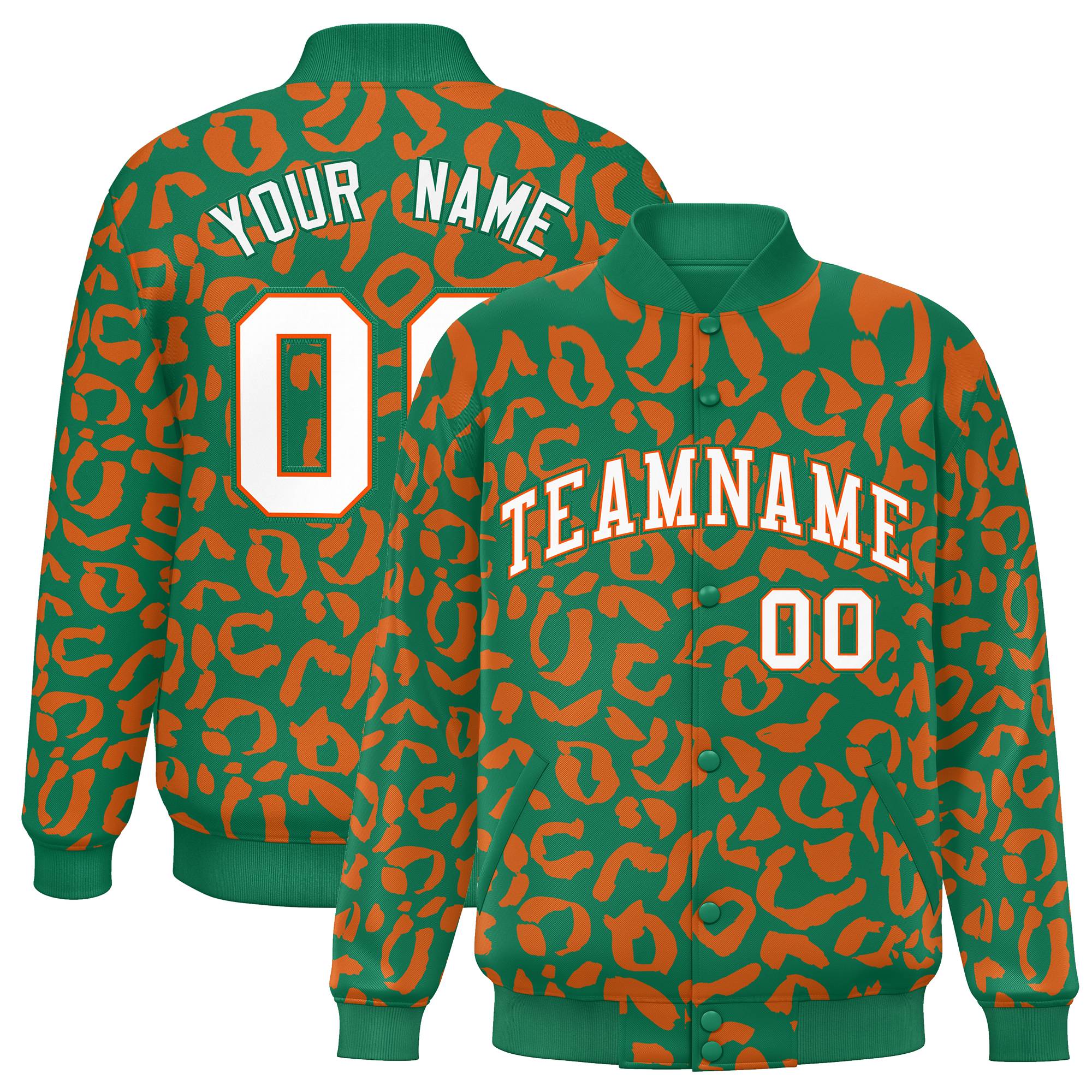 Custom Kelly Green Orange Varsity Full-Snap Leopard Print Graffiti Pattern Letterman Baseball Jacket