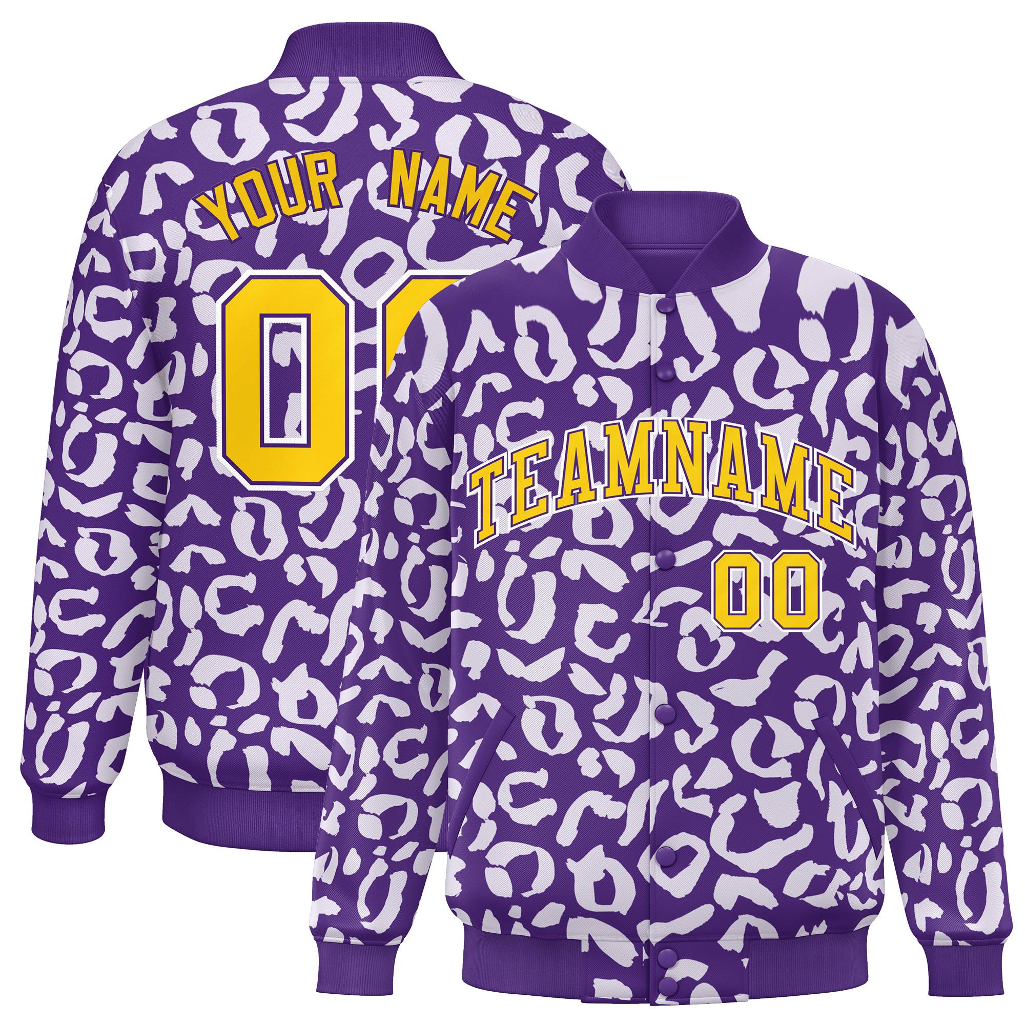 Custom Purple White Varsity Full-Snap Leopard Print Graffiti Pattern Letterman Baseball Jacket