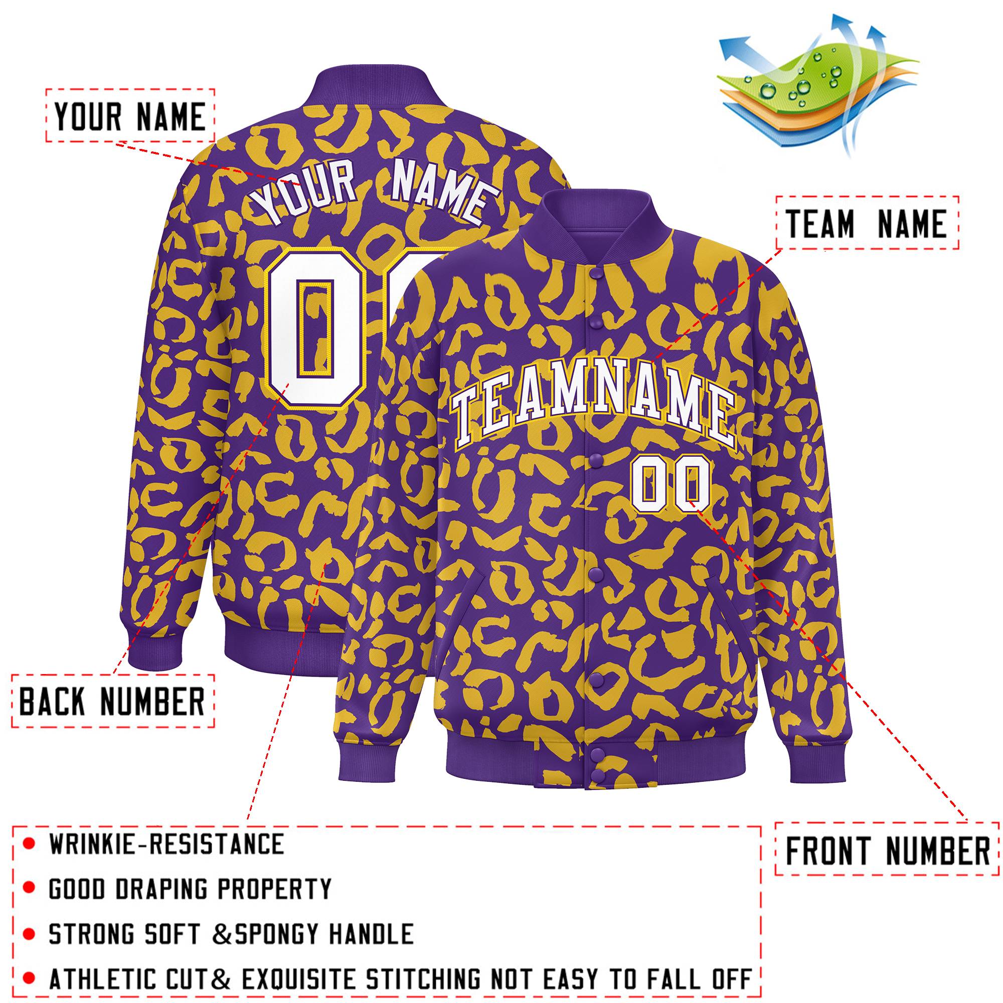 Custom Purple Gold Varsity Full-Snap Leopard Print Graffiti Pattern Letterman Baseball Jacket