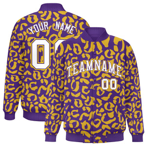 Custom Purple Gold Varsity Full-Snap Leopard Print Graffiti Pattern Letterman Baseball Jacket