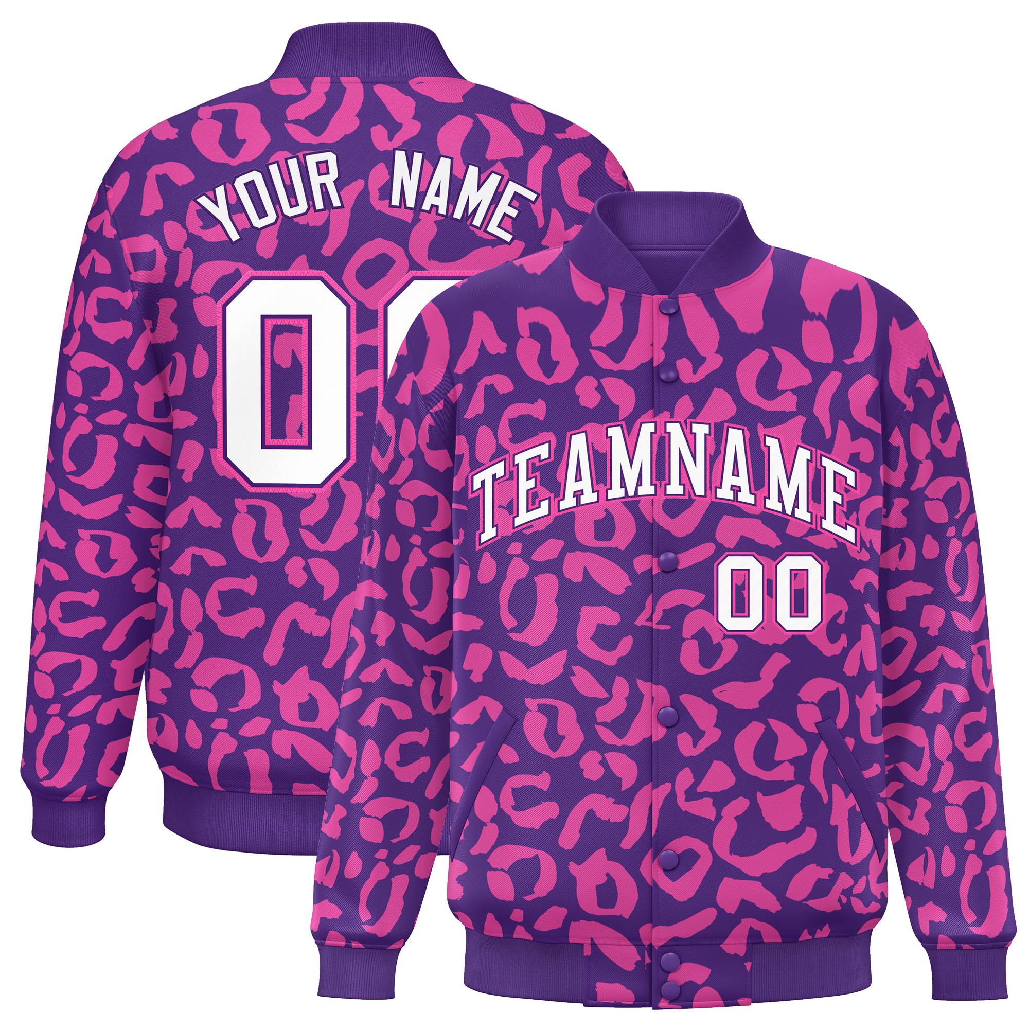 Custom Purple Pink Varsity Full-Snap Leopard Print Graffiti Pattern Letterman Baseball Jacket