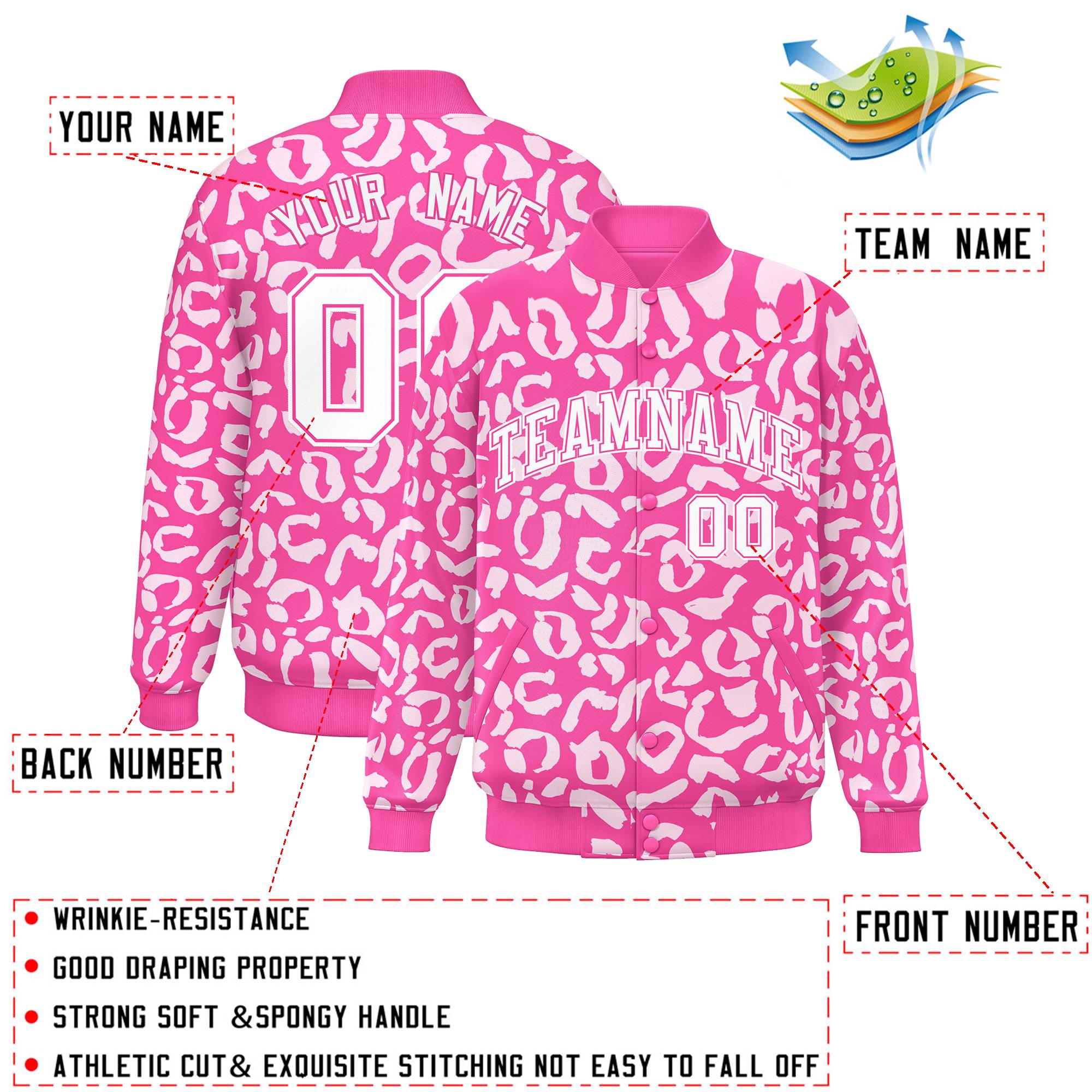 Custom Pink White Varsity Full-Snap Leopard Print Graffiti Pattern Letterman Baseball Jacket