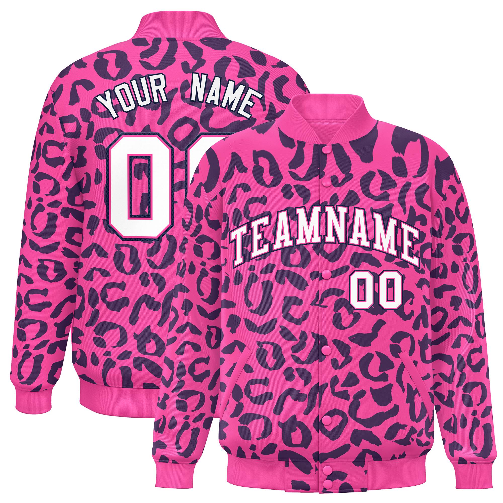 Custom Pink Navy Varsity Full-Snap Leopard Print Graffiti Pattern Letterman Baseball Jacket