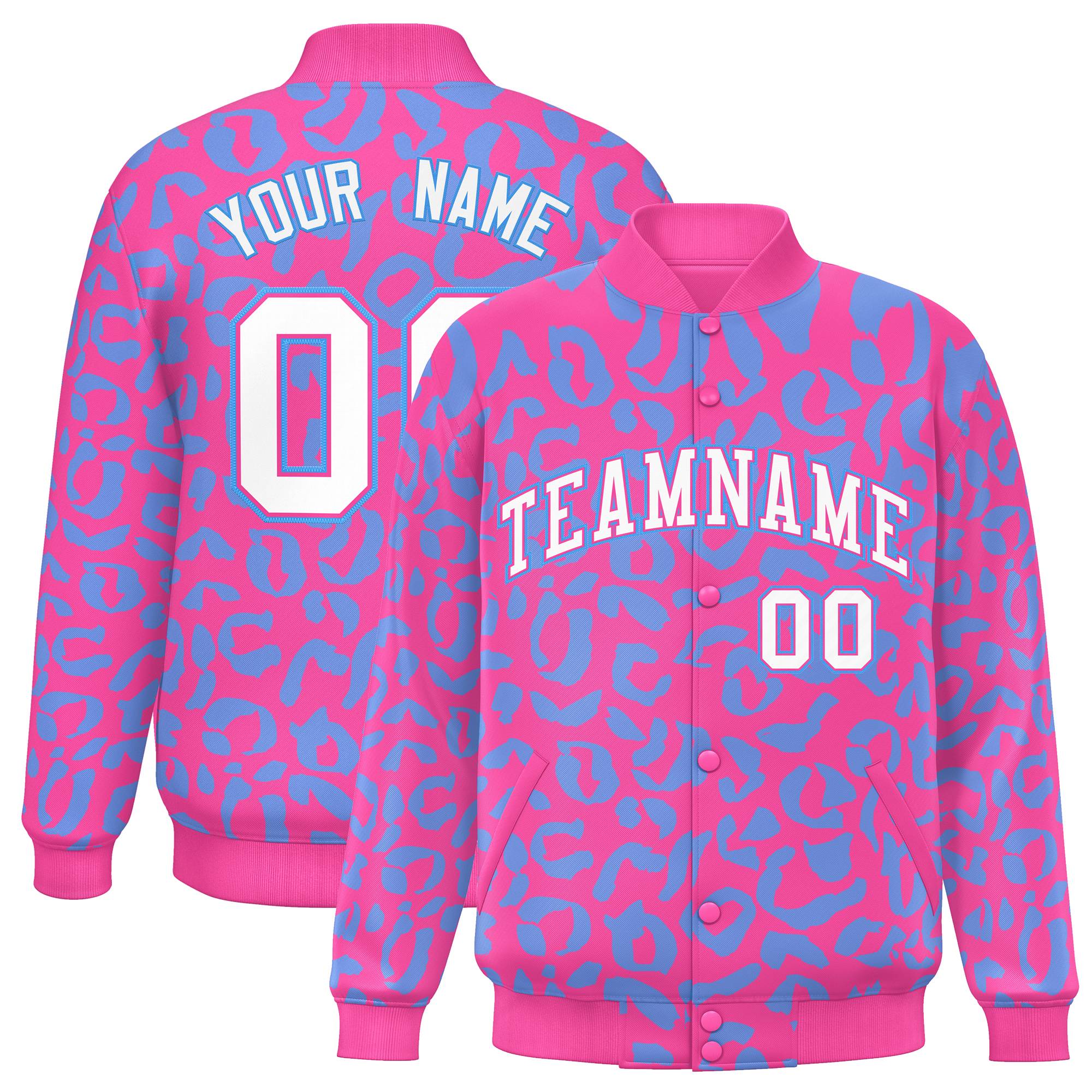 Custom Pink Powder Blue Varsity Full-Snap Leopard Print Graffiti Pattern Letterman Baseball Jacket