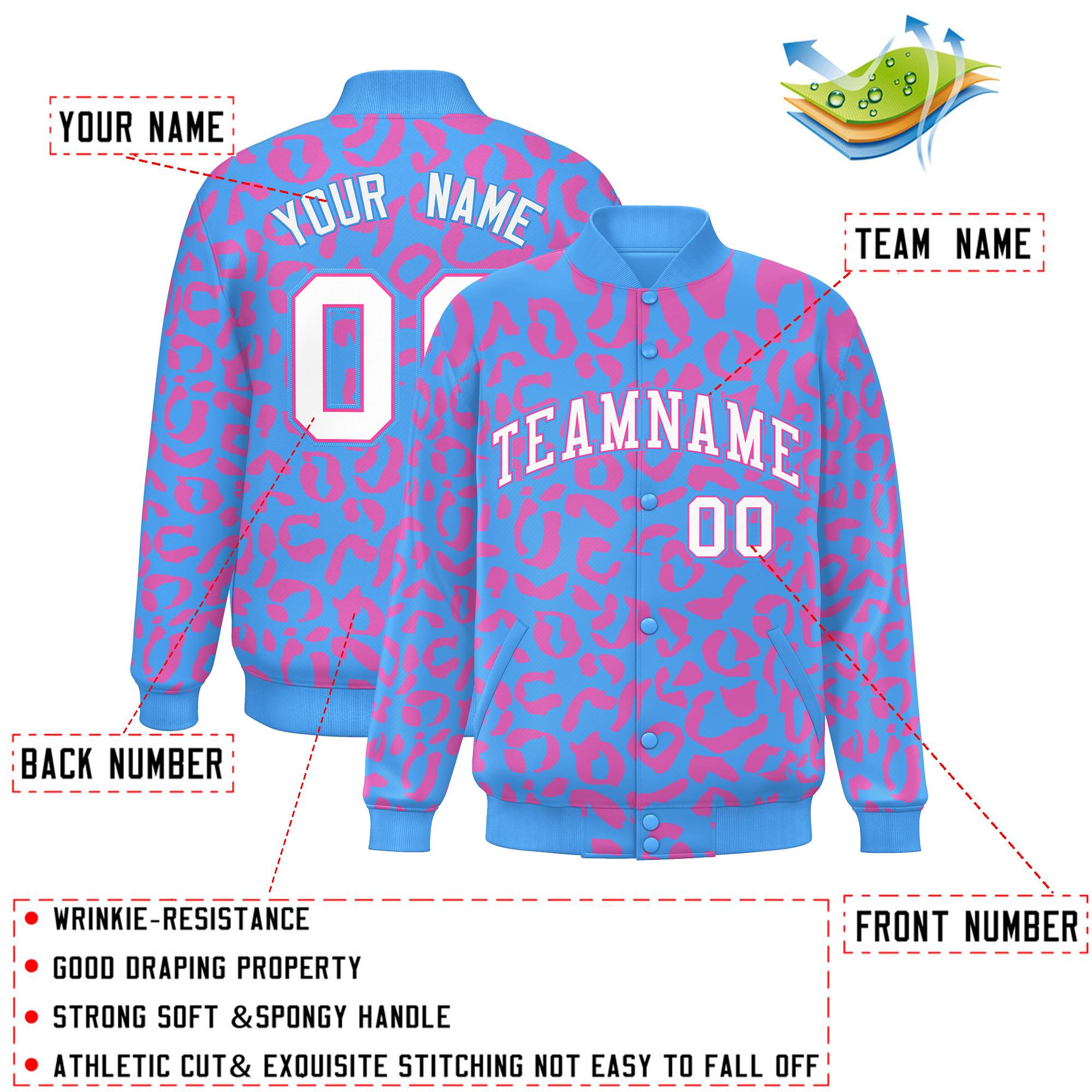 Custom Powder Blue Pink Varsity Full-Snap Leopard Print Graffiti Pattern Letterman Baseball Jacket