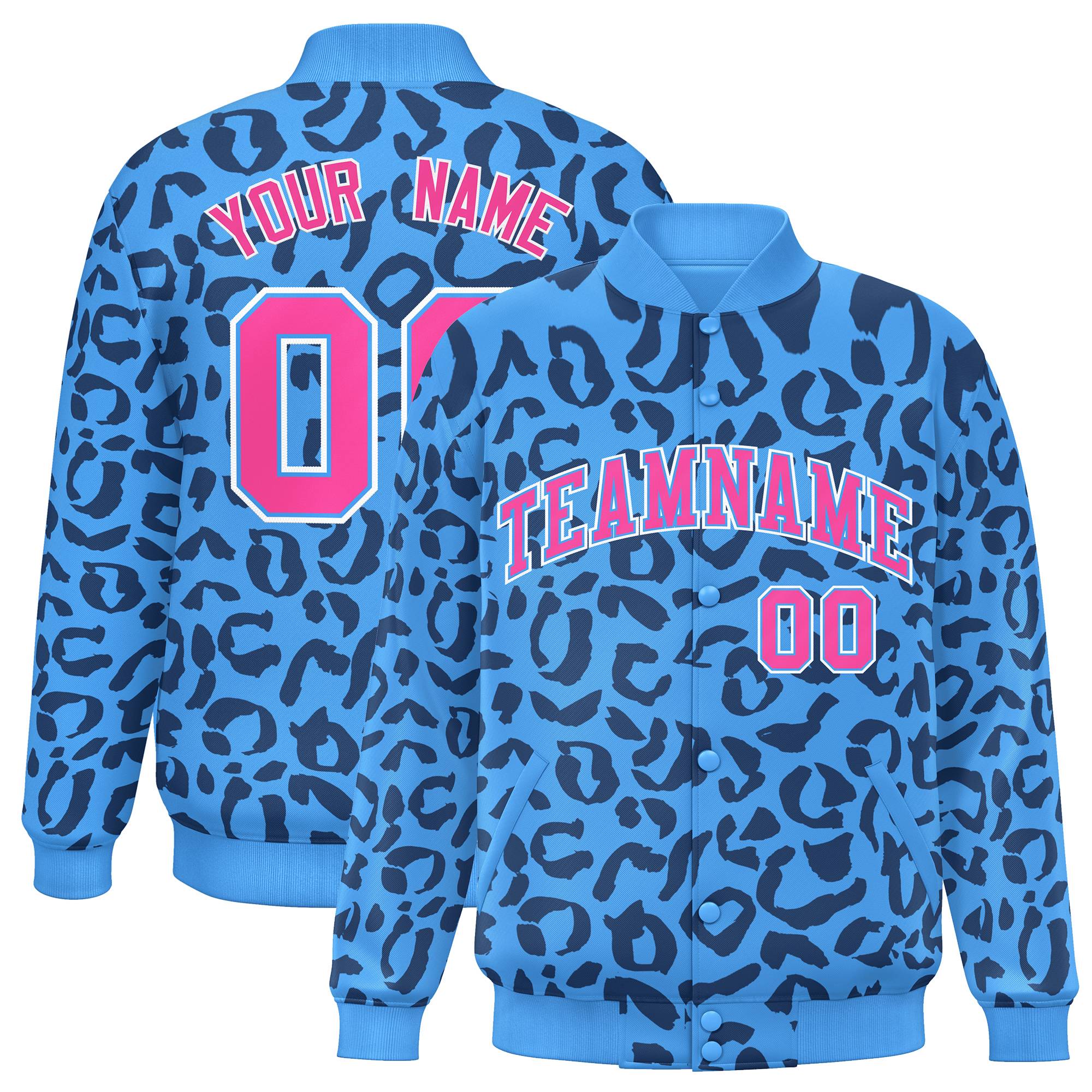 Custom Powder Blue Navy Varsity Full-Snap Leopard Print Graffiti Pattern Letterman Baseball Jacket