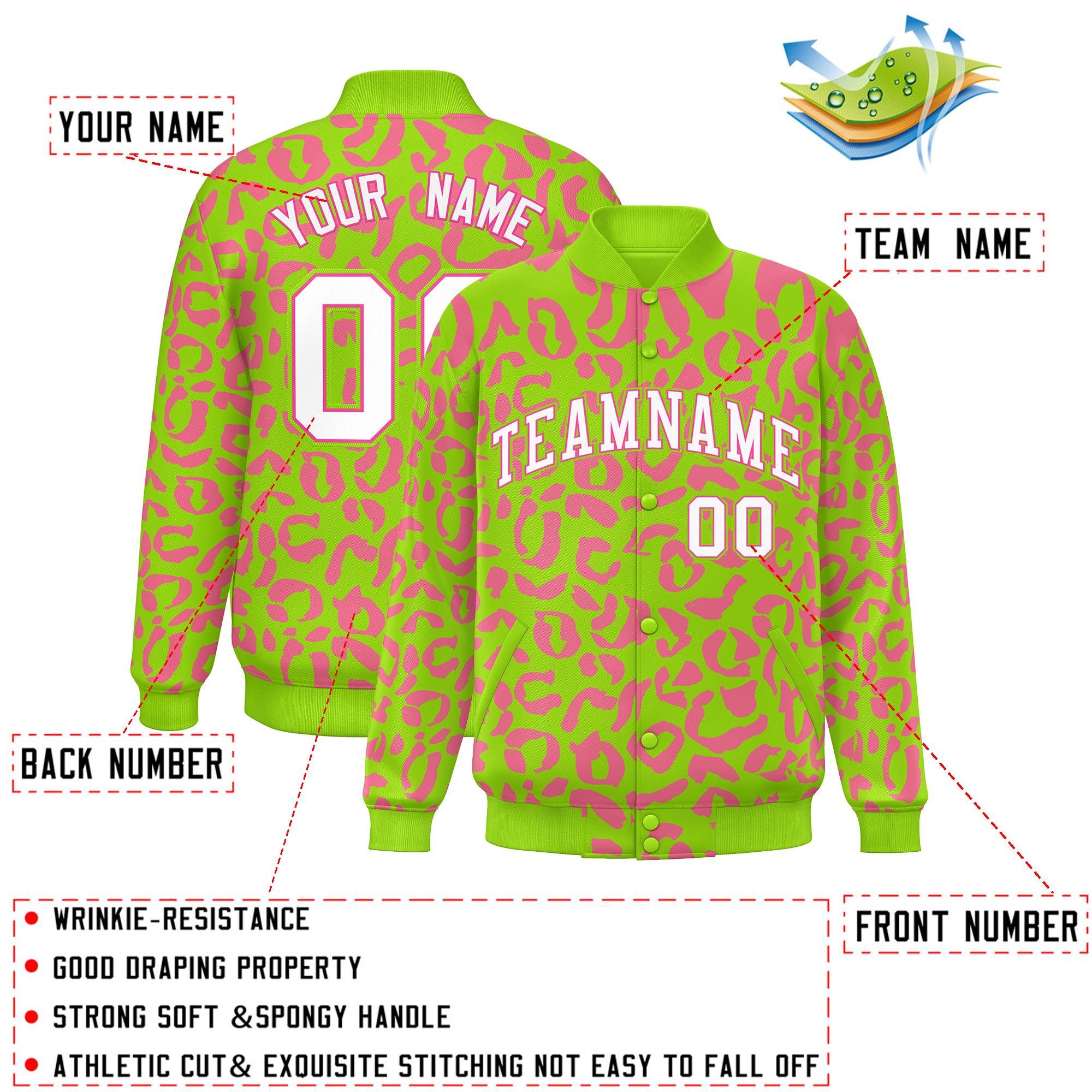 Custom Neon Green Pink Varsity Full-Snap Leopard Print Graffiti Pattern Letterman Baseball Jacket