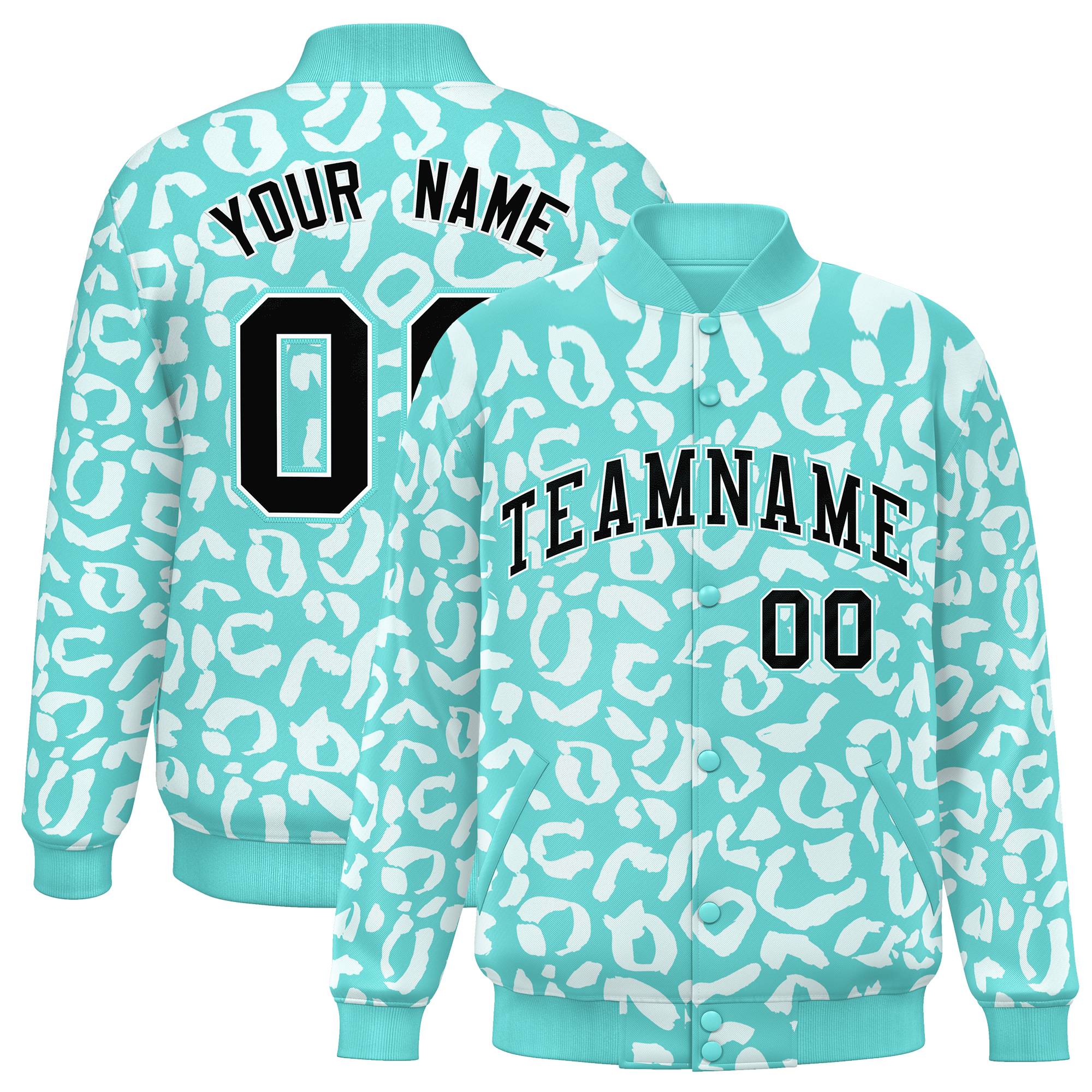 Custom Bright Green White Varsity Full-Snap Leopard Print Graffiti Pattern Letterman Baseball Jacket