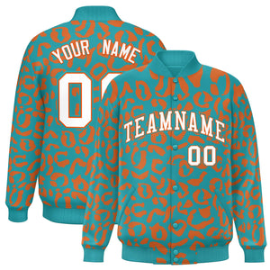 Custom Aqua Orange Varsity Full-Snap Leopard Print Graffiti Pattern Letterman Baseball Jacket