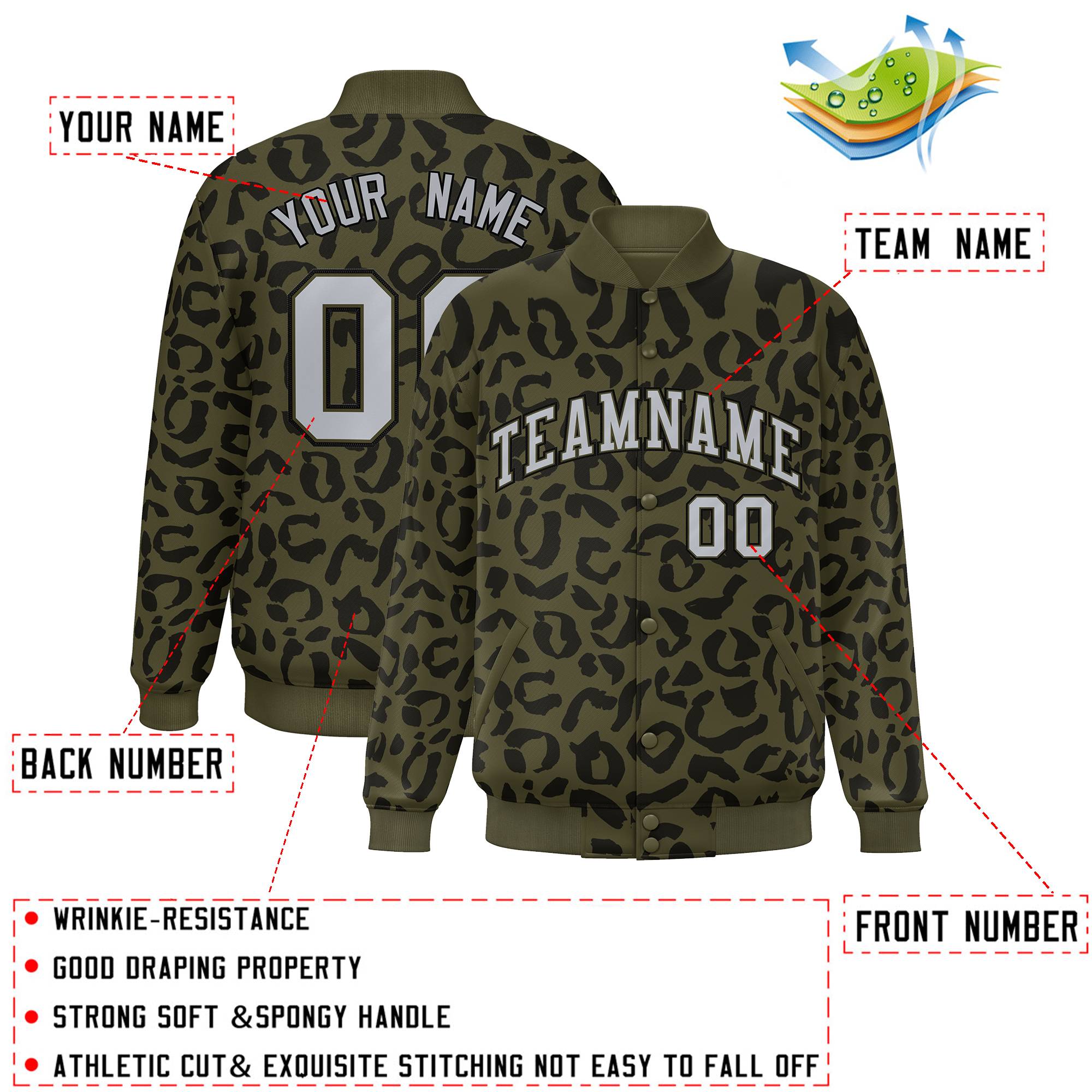 Custom Olive Black Varsity Full-Snap Leopard Print Graffiti Pattern Letterman Baseball Jacket