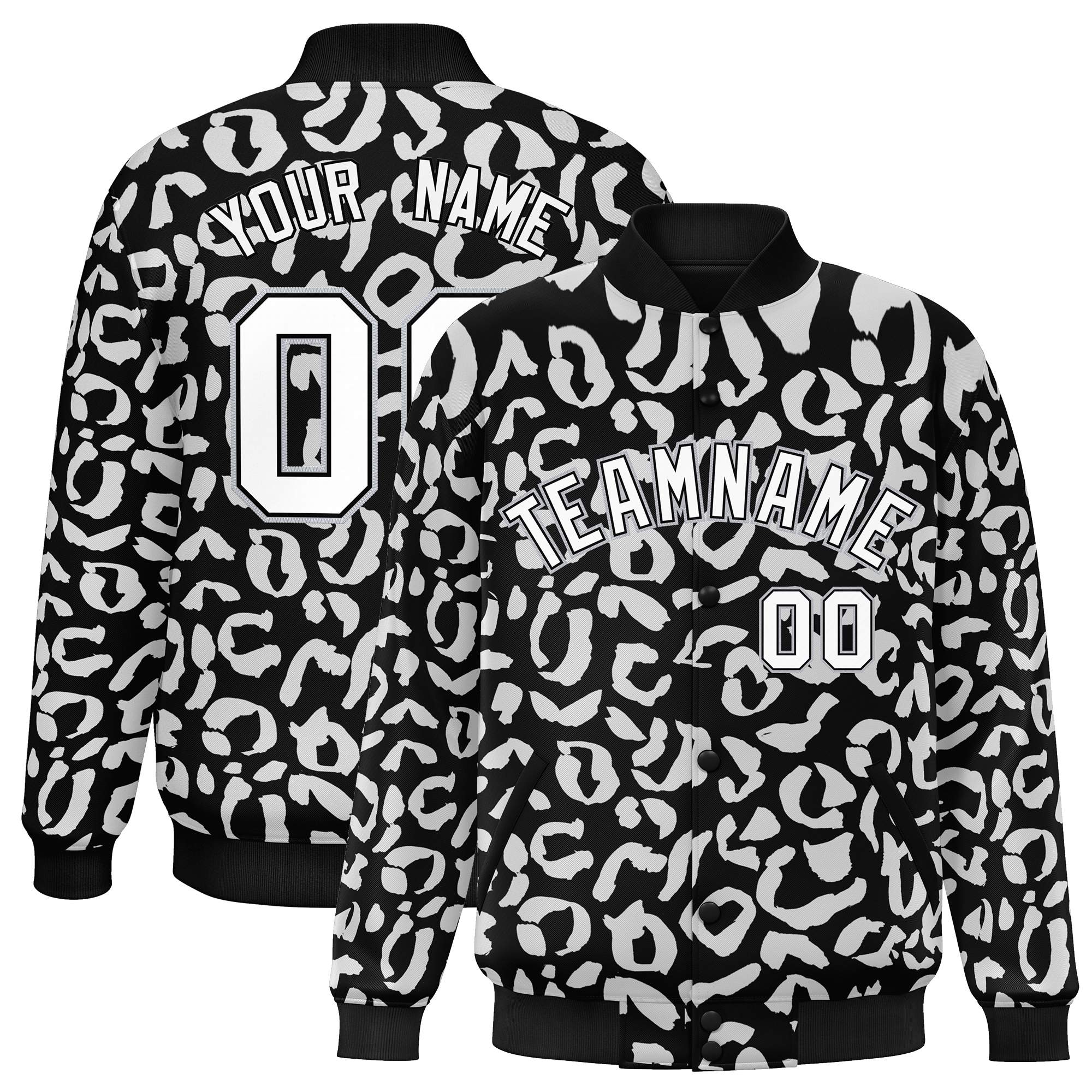 Custom Black White Varsity Full-Snap Leopard Print Graffiti Pattern Letterman Baseball Jacket