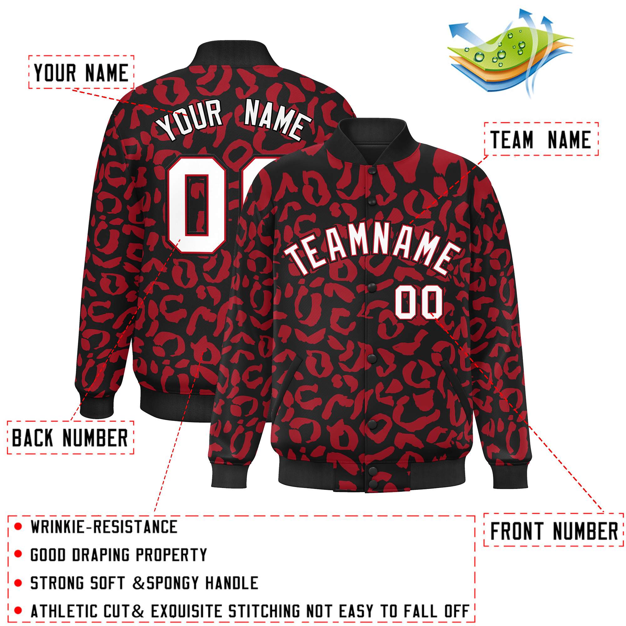 Custom Black Red Varsity Full-Snap Leopard Print Graffiti Pattern Letterman Baseball Jacket