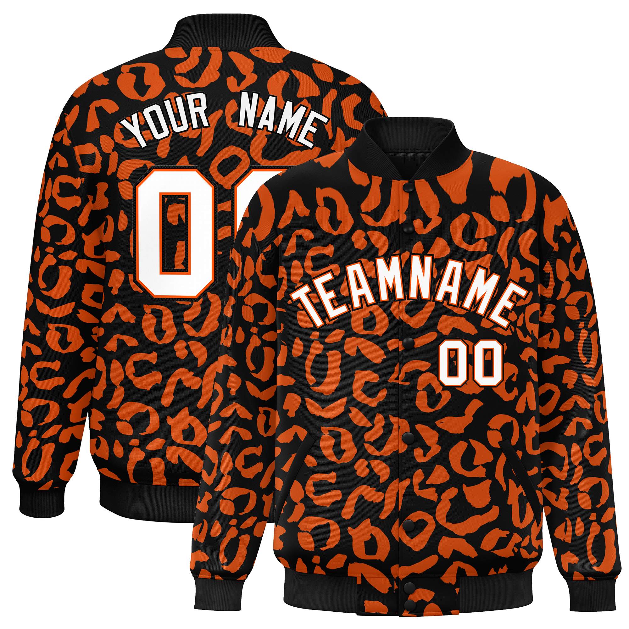 Custom Black Orange Varsity Full-Snap Leopard Print Graffiti Pattern Letterman Baseball Jacket