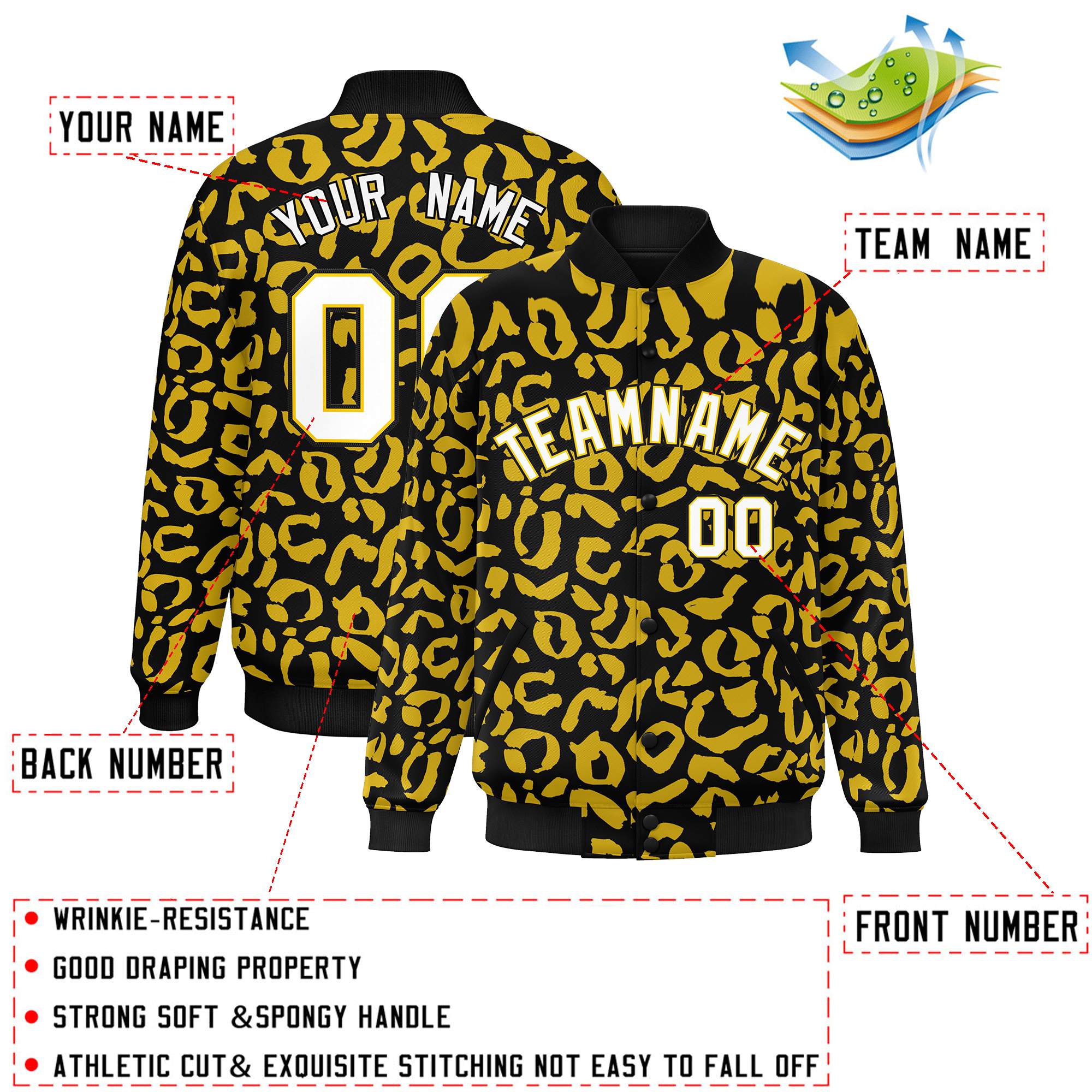 Custom Black Gold Varsity Full-Snap Leopard Print Graffiti Pattern Letterman Baseball Jacket