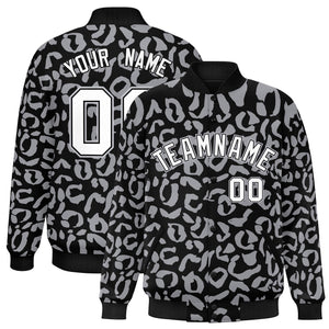 Custom Black Gray Varsity Full-Snap Leopard Print Graffiti Pattern Letterman Baseball Jacket