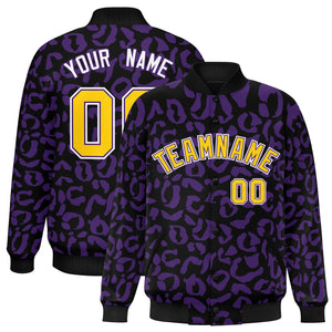 Custom Black Purple Varsity Full-Snap Leopard Print Graffiti Pattern Letterman Baseball Jacket