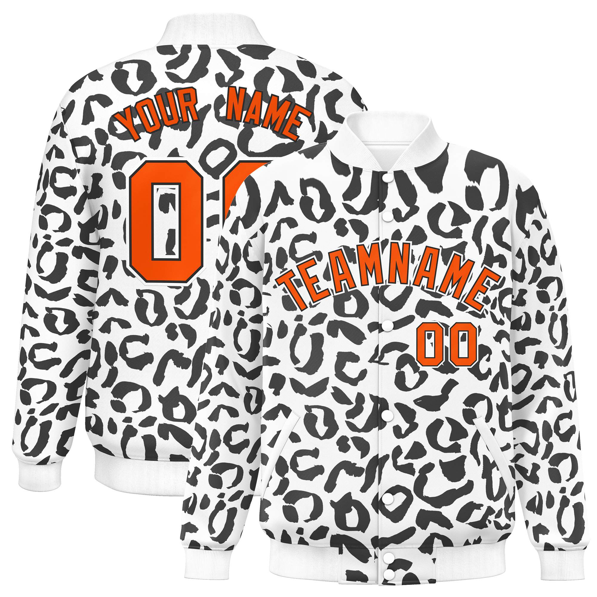 Custom White Black Varsity Full-Snap Leopard Print Graffiti Pattern Letterman Baseball Jacket