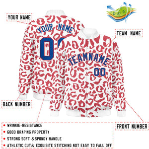 Custom White Red Varsity Full-Snap Leopard Print Graffiti Pattern Letterman Baseball Jacket