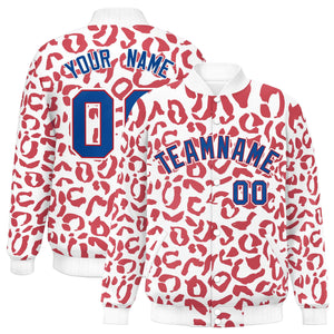 Custom White Red Varsity Full-Snap Leopard Print Graffiti Pattern Letterman Baseball Jacket