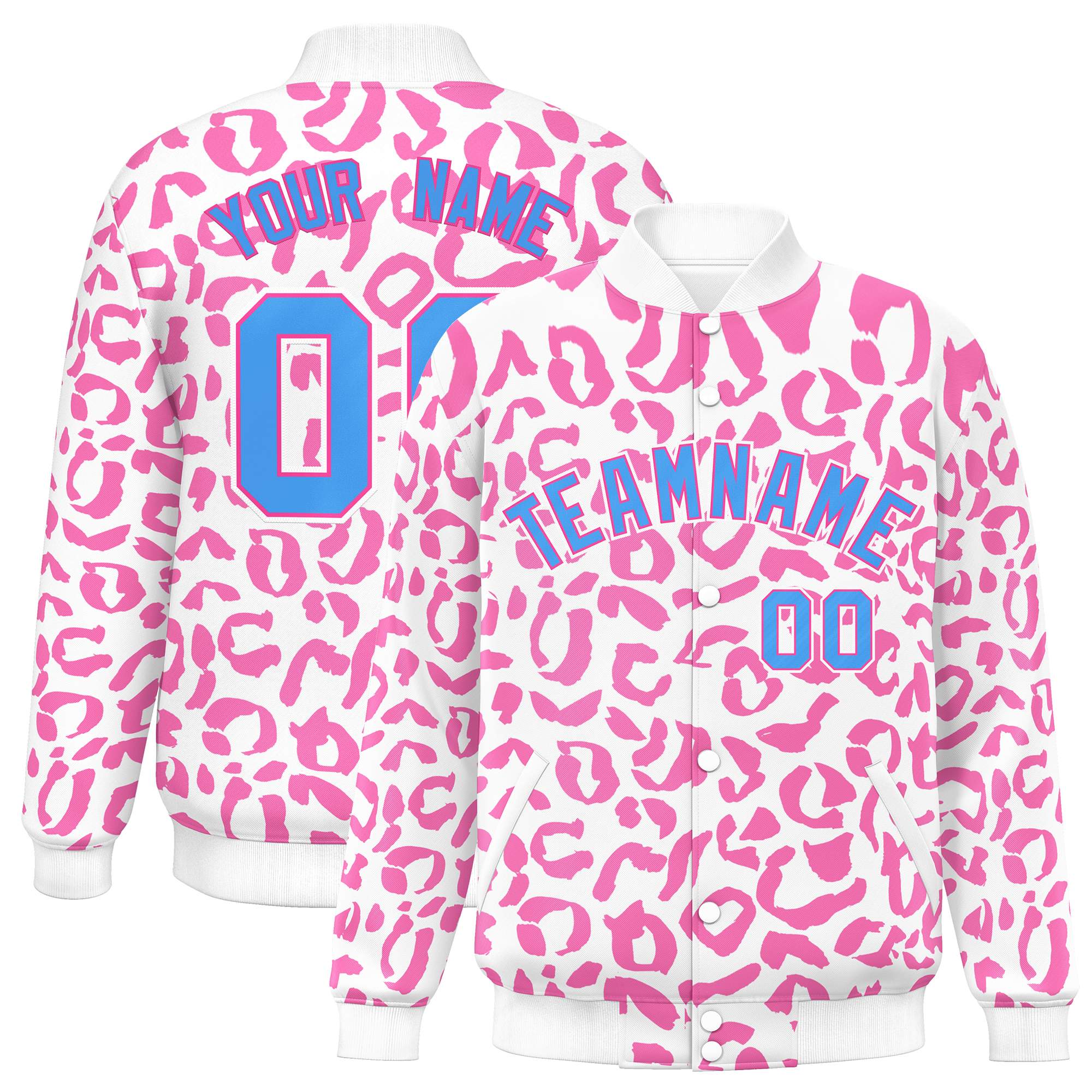 Custom White Pink Varsity Full-Snap Leopard Print Graffiti Pattern Letterman Baseball Jacket