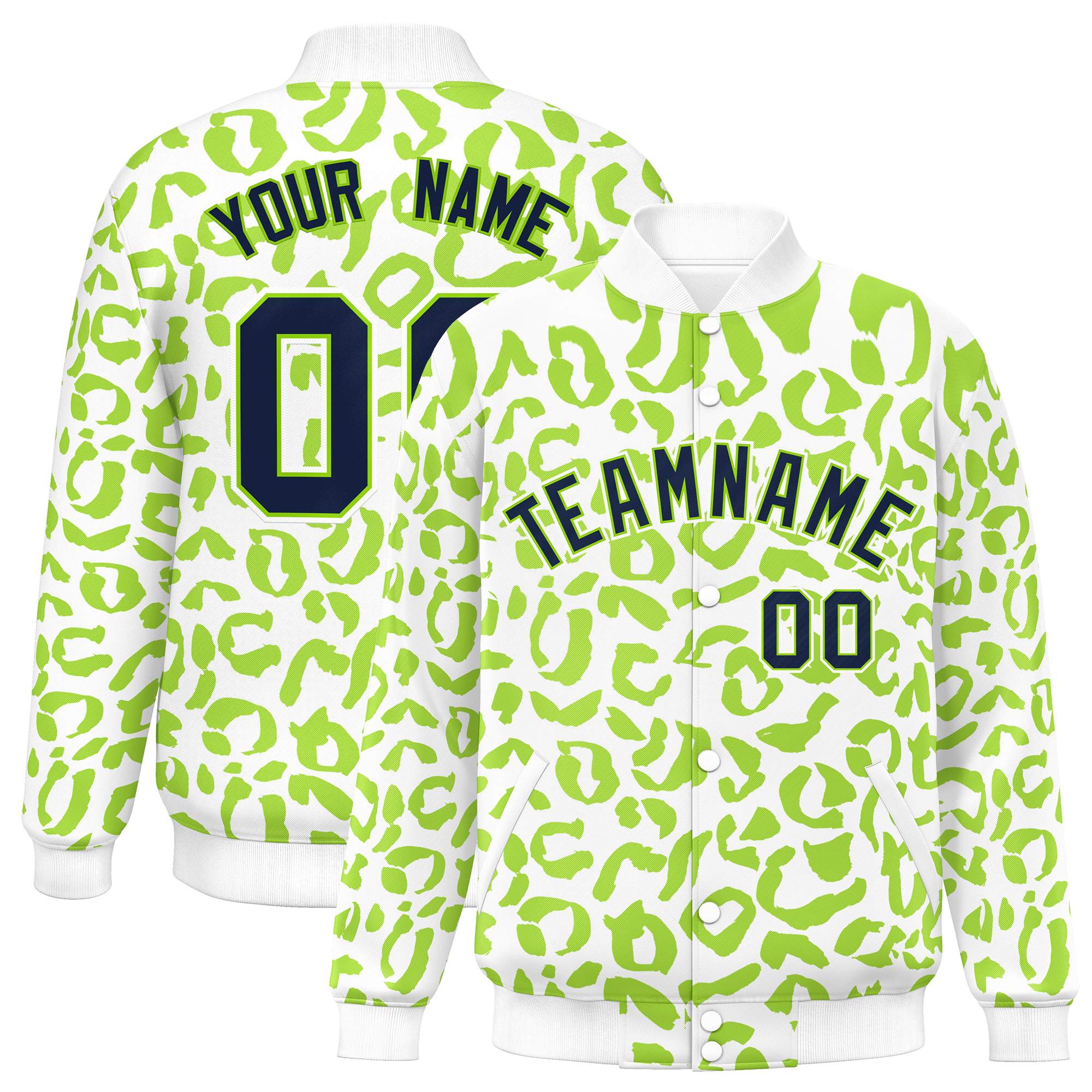 Custom White Neon Green Varsity Full-Snap Leopard Print Graffiti Pattern Letterman Baseball Jacket