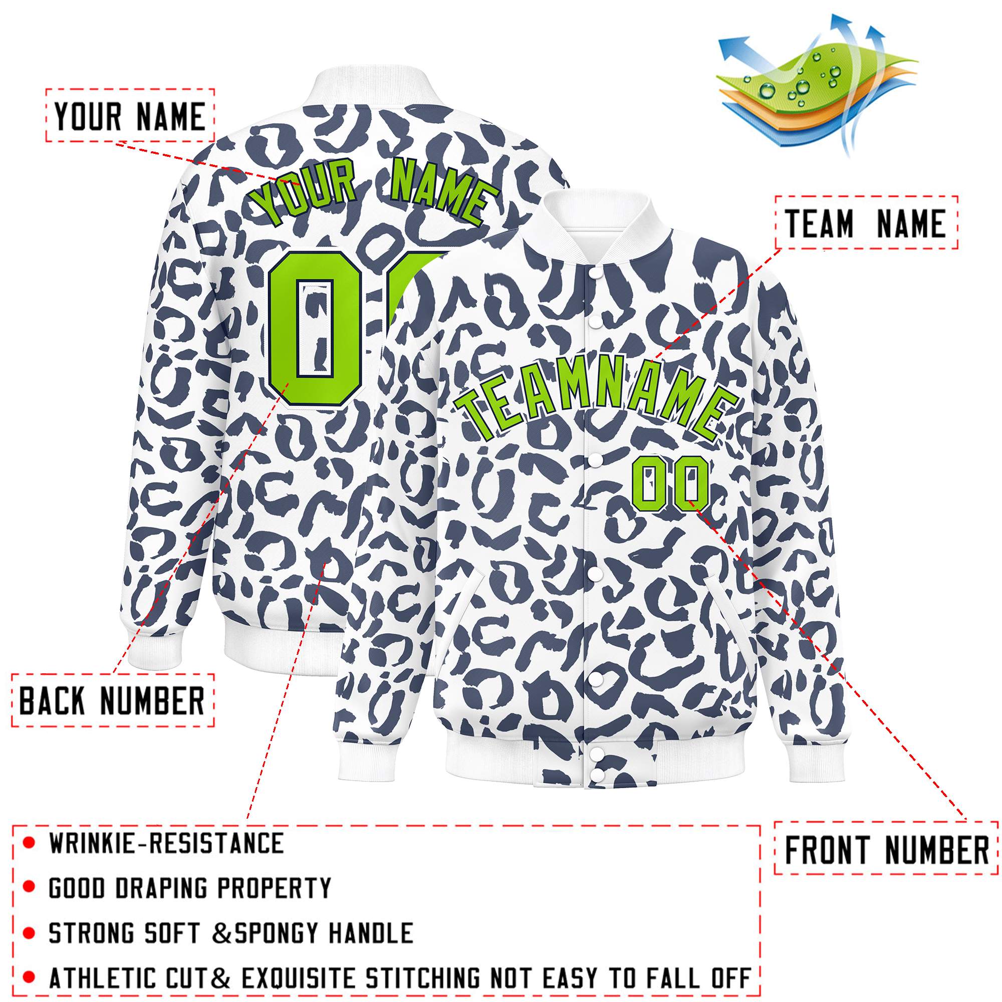 Custom White Navy Varsity Full-Snap Leopard Print Graffiti Pattern Letterman Baseball Jacket